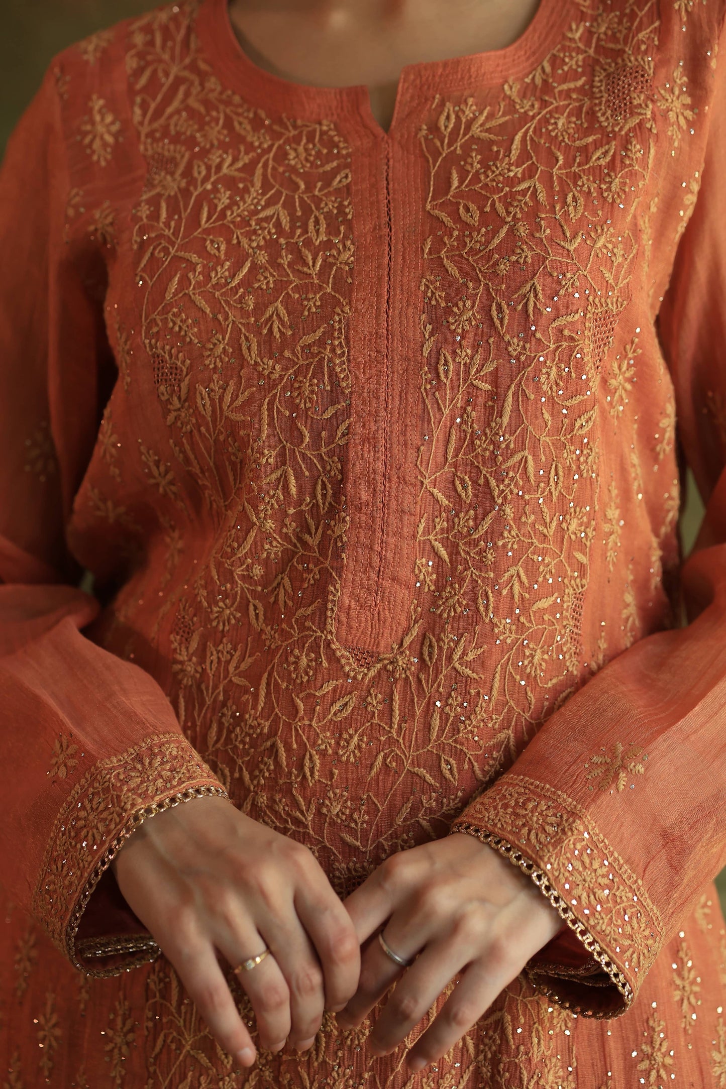 Orange Salmon Tissue Silk Chikankari Kurta Set