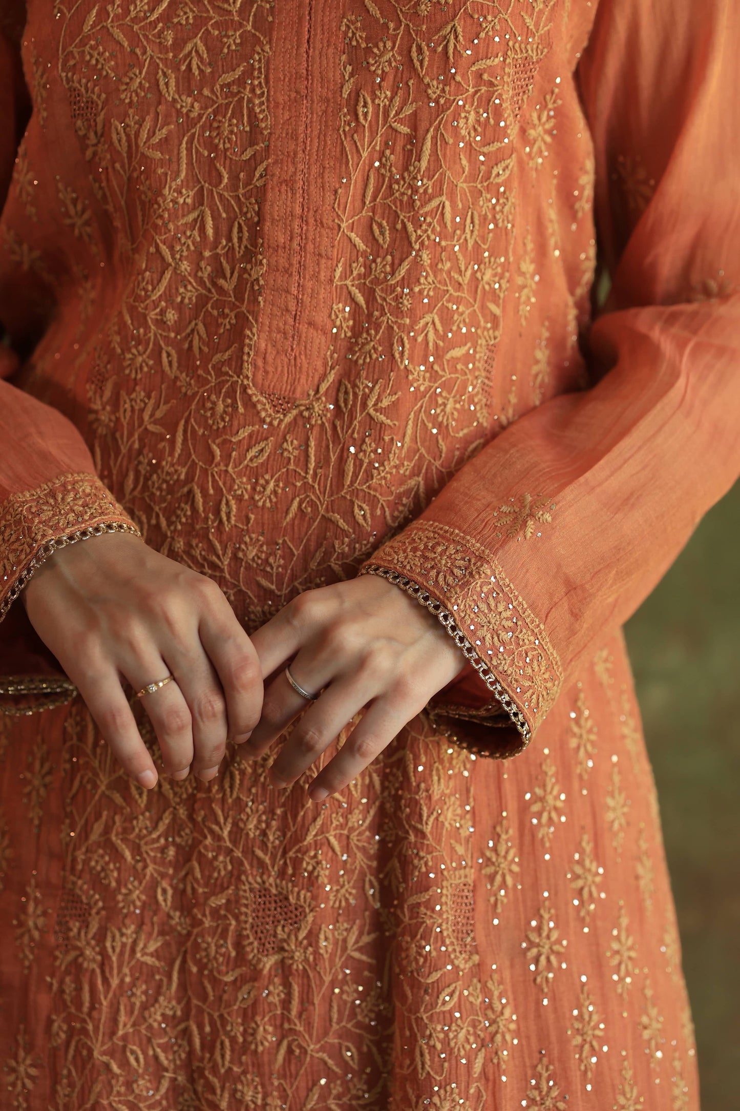 Orange Salmon Tissue Silk Chikankari Kurta Set