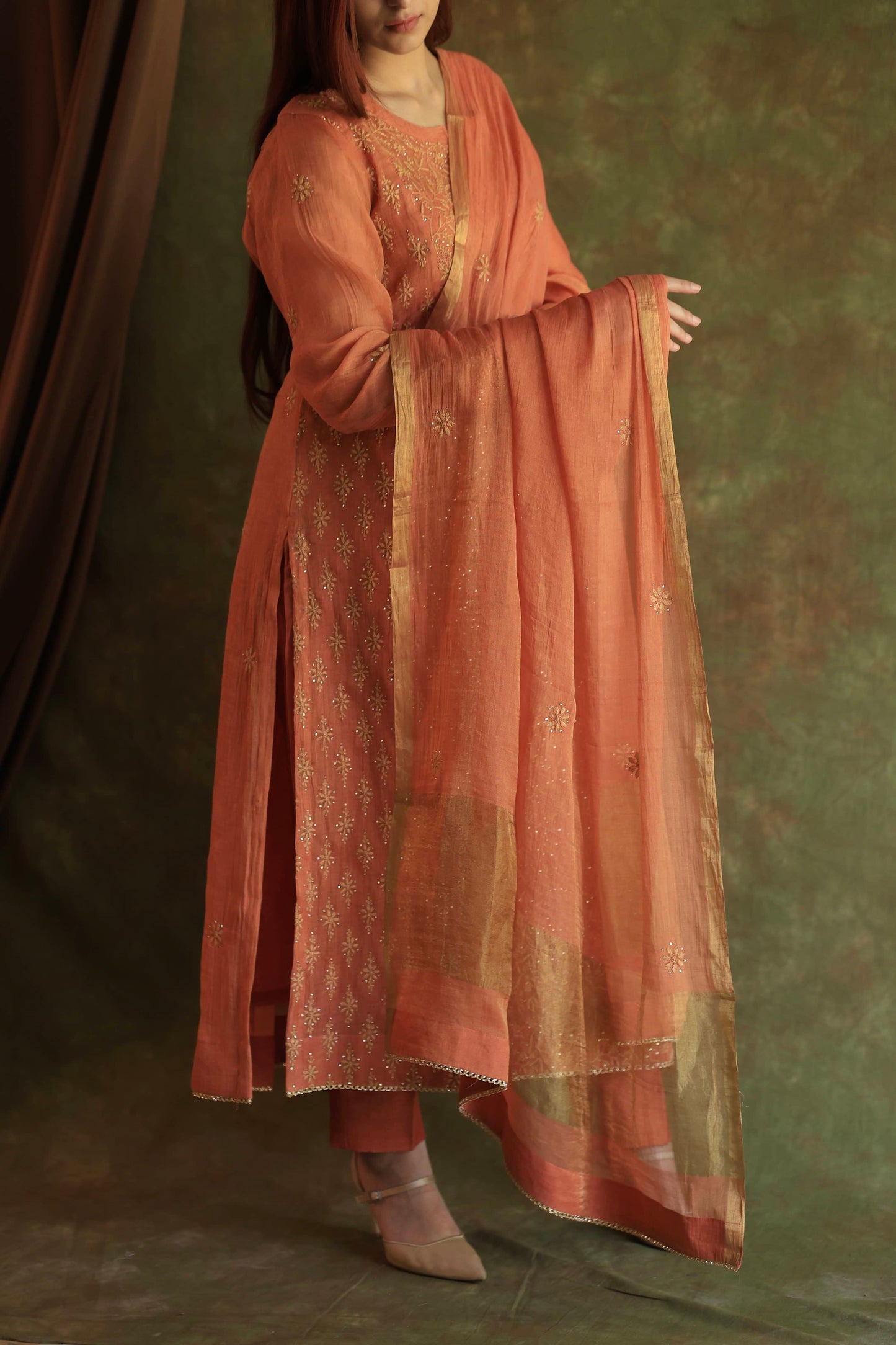 Orange Salmon Tissue Silk Chikankari Kurta Set