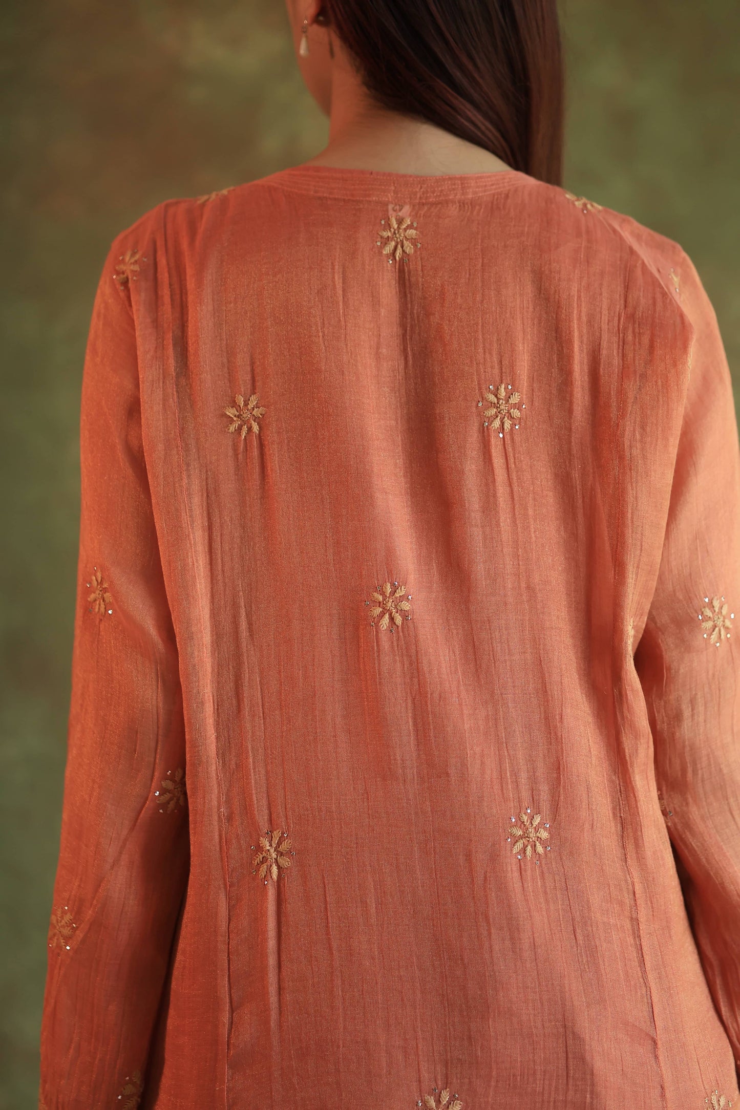 Orange Salmon Tissue Silk Chikankari Kurta Set