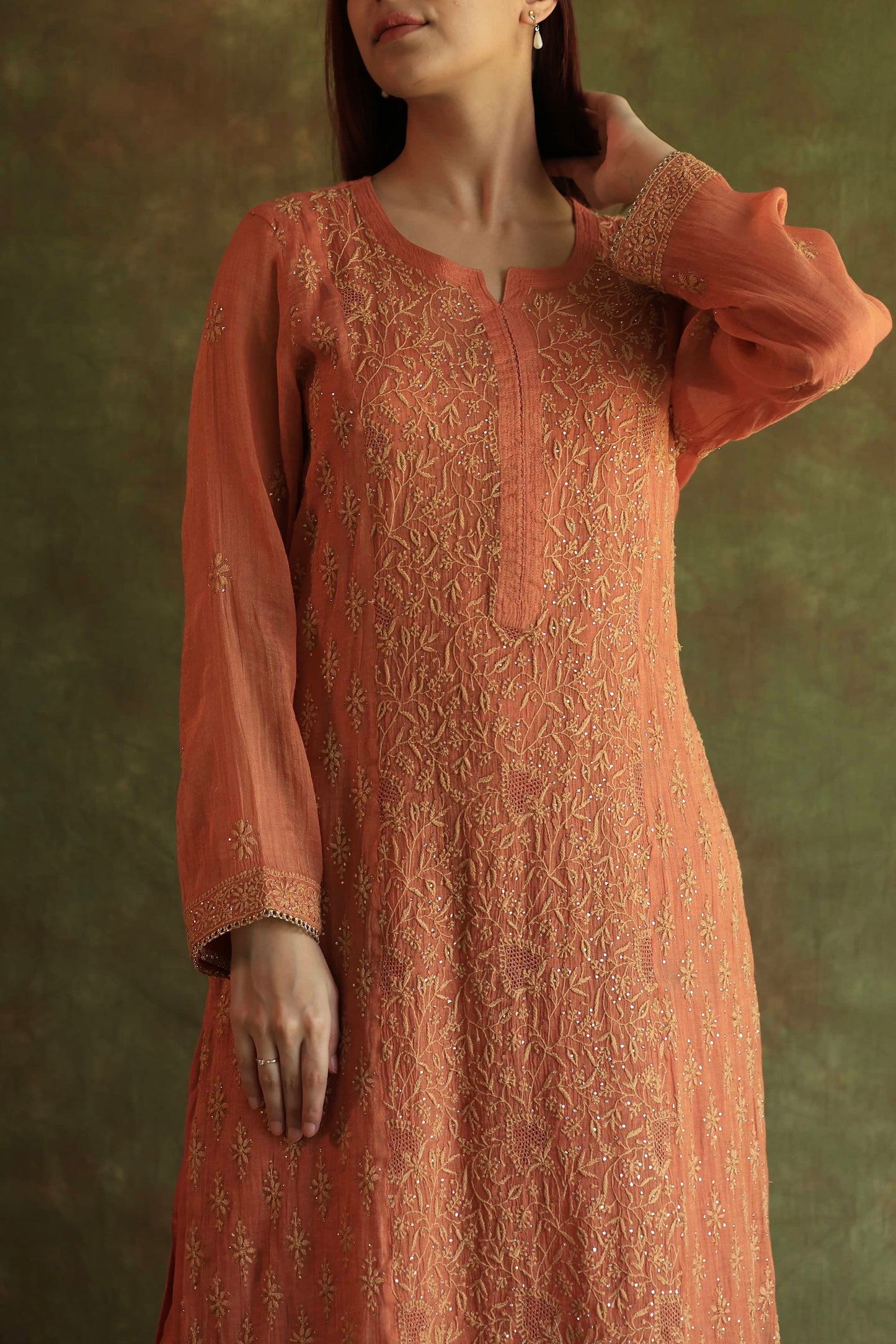 Orange Salmon Tissue Silk Chikankari Kurta Set