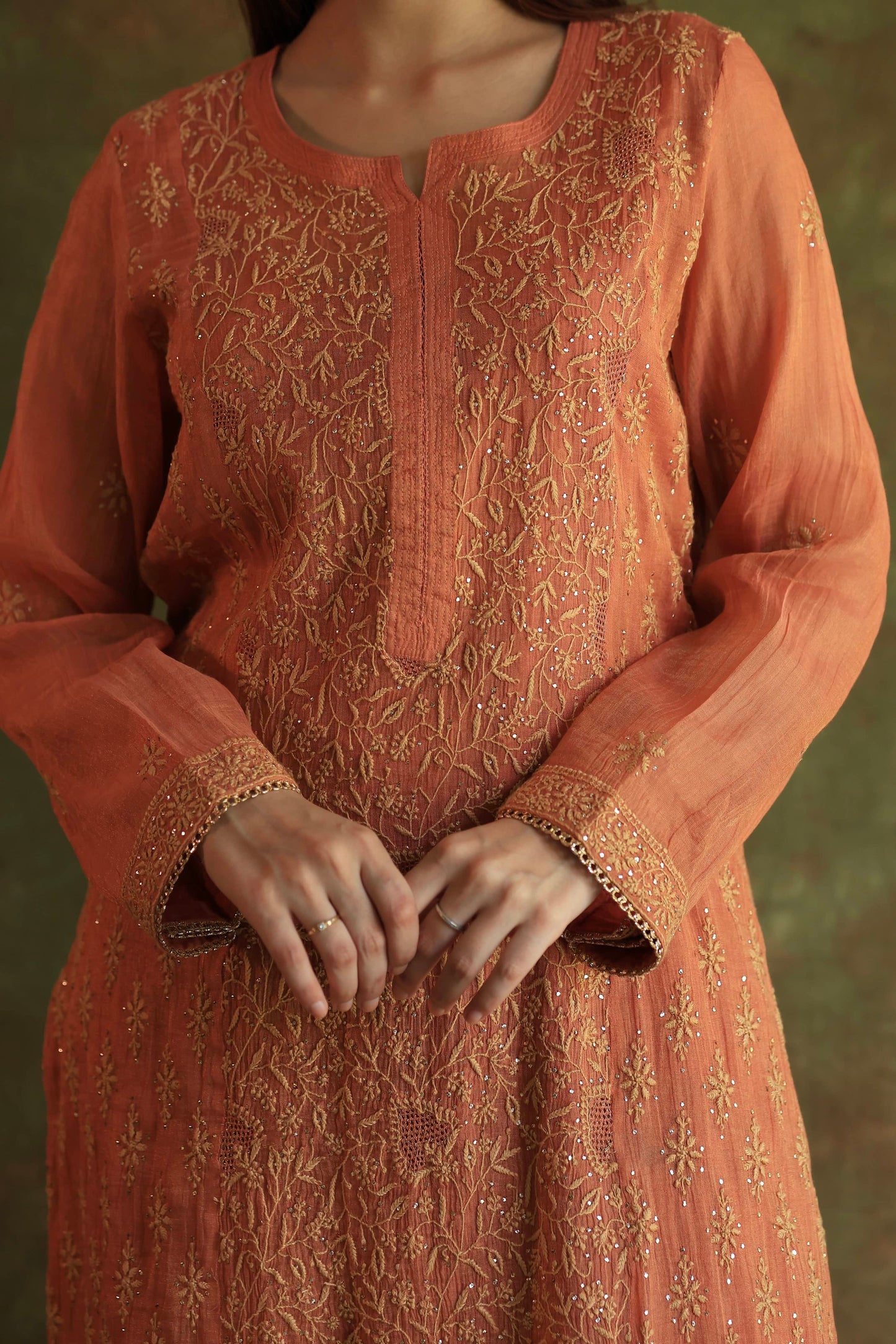 Orange Salmon Tissue Silk Chikankari Kurta Set