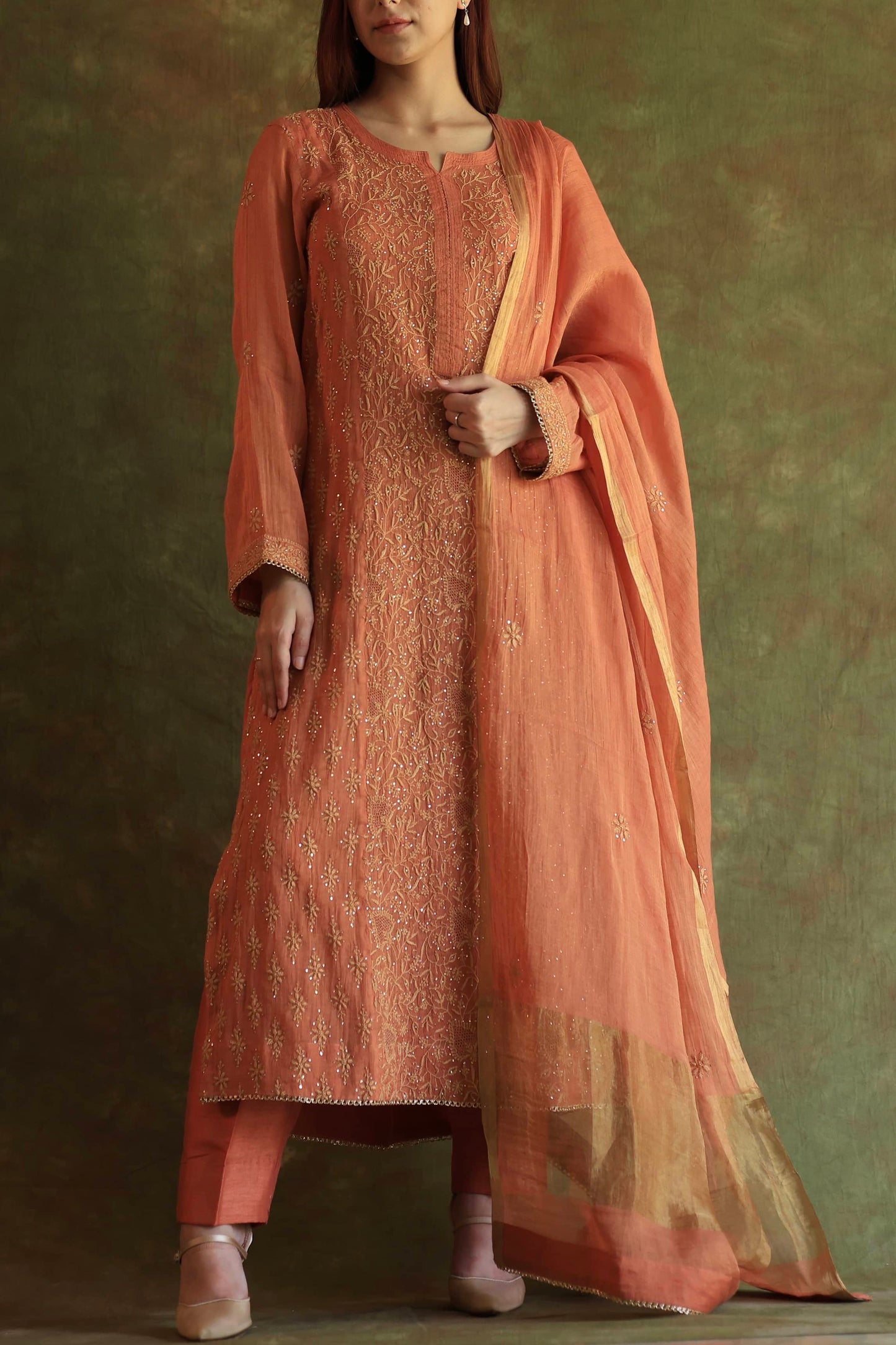 Orange Salmon Tissue Silk Chikankari Kurta Set