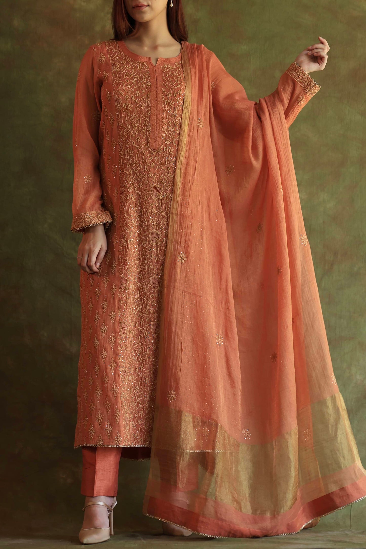 Orange Salmon Tissue Silk Chikankari Kurta Set