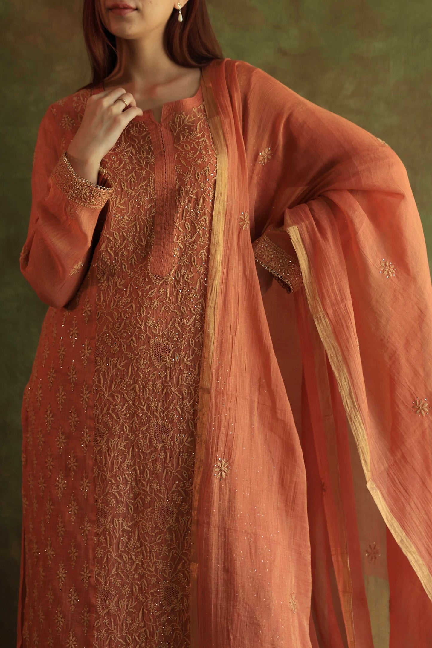 Orange Salmon Tissue Silk Chikankari Kurta Set