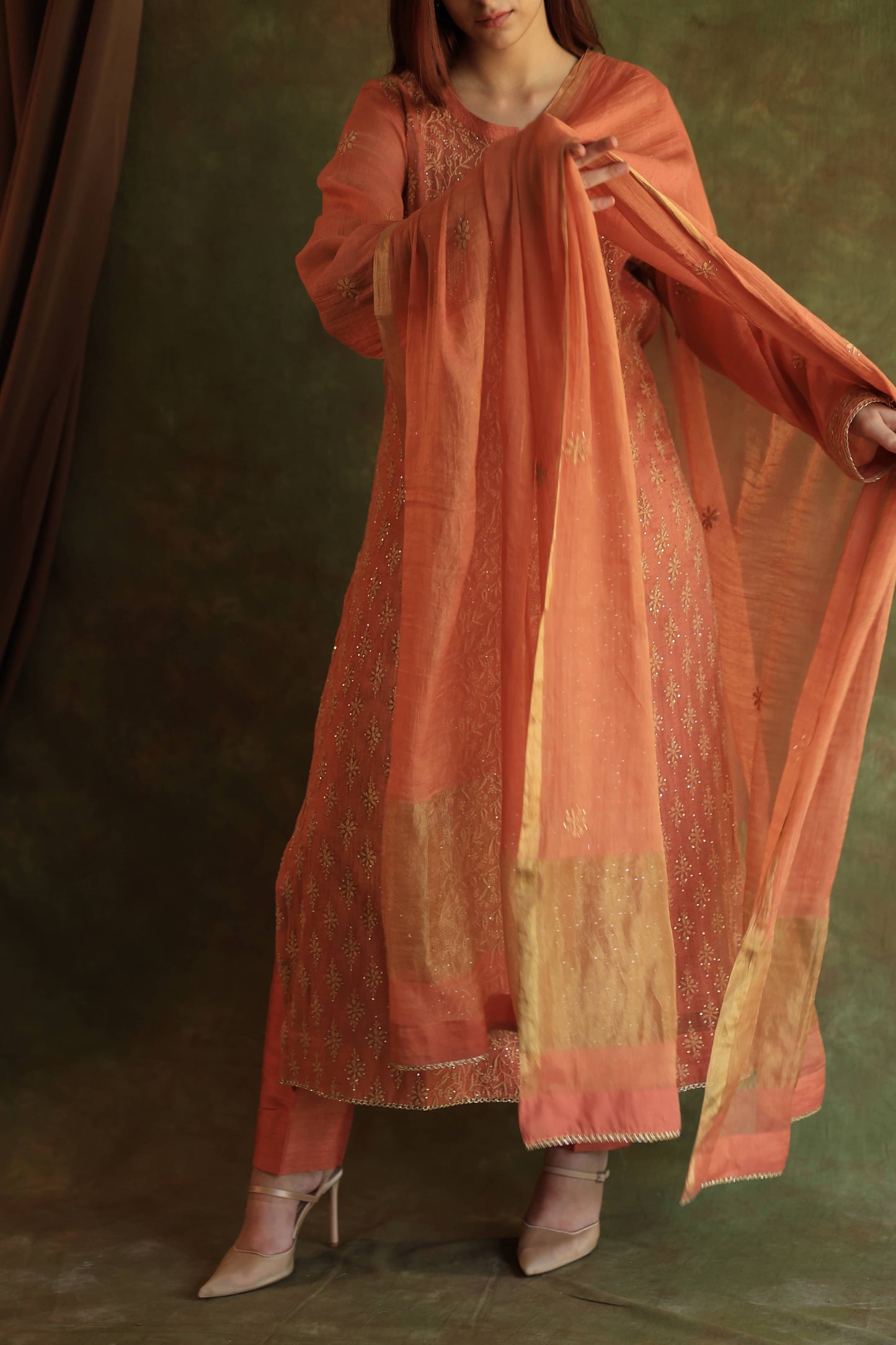 Orange Salmon Tissue Silk Chikankari Kurta Set
