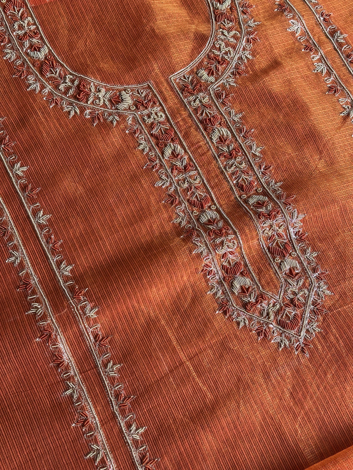 Orange Shade Shade Tissue Kota Chikankari Unstitched Fabric