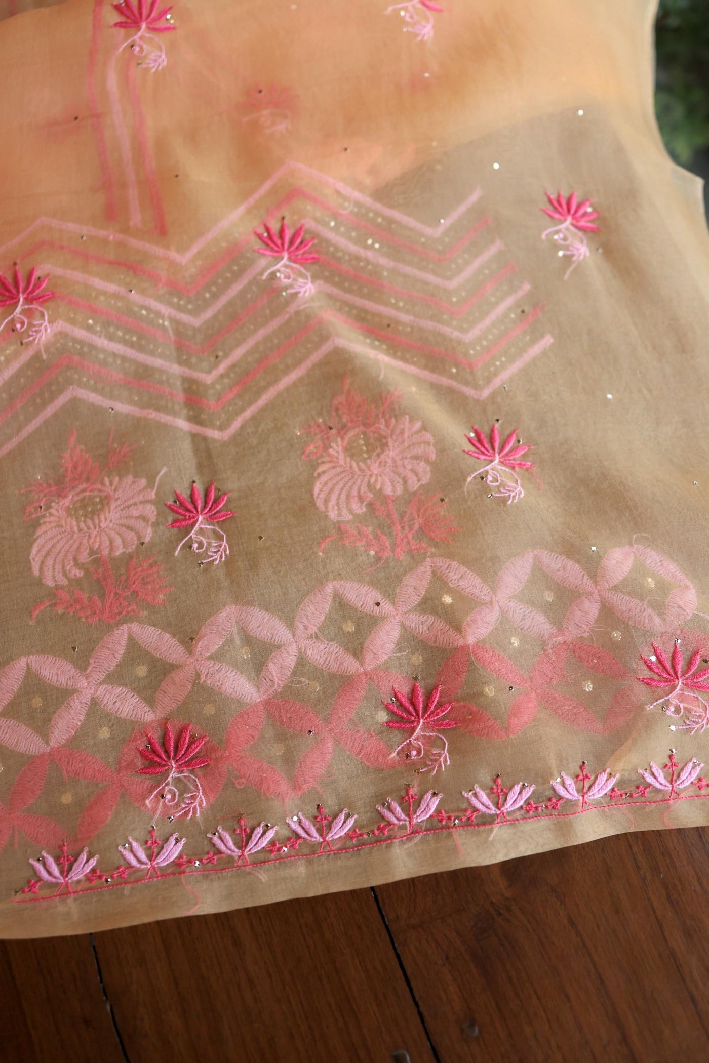 Orange & Pink Shade Organza Silk Chikankari Unstitched Fabric