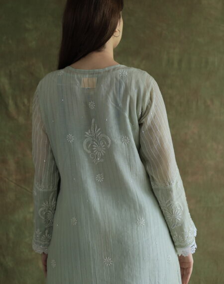 Mint Green Soft Malmal Stripe Pattern Pearl Work Chikankari Kurta Set