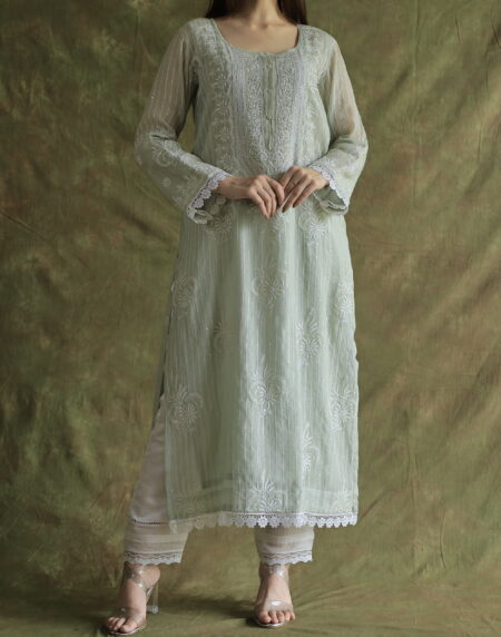 Mint Green Soft Malmal Stripe Pattern Pearl Work Chikankari Kurta Set