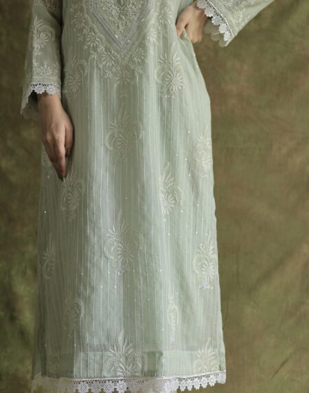Mint Green Soft Malmal Stripe Pattern Pearl Work Chikankari Kurta Set