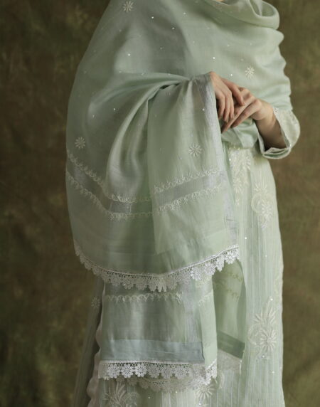 Mint Green Soft Malmal Stripe Pattern Pearl Work Chikankari Kurta Set