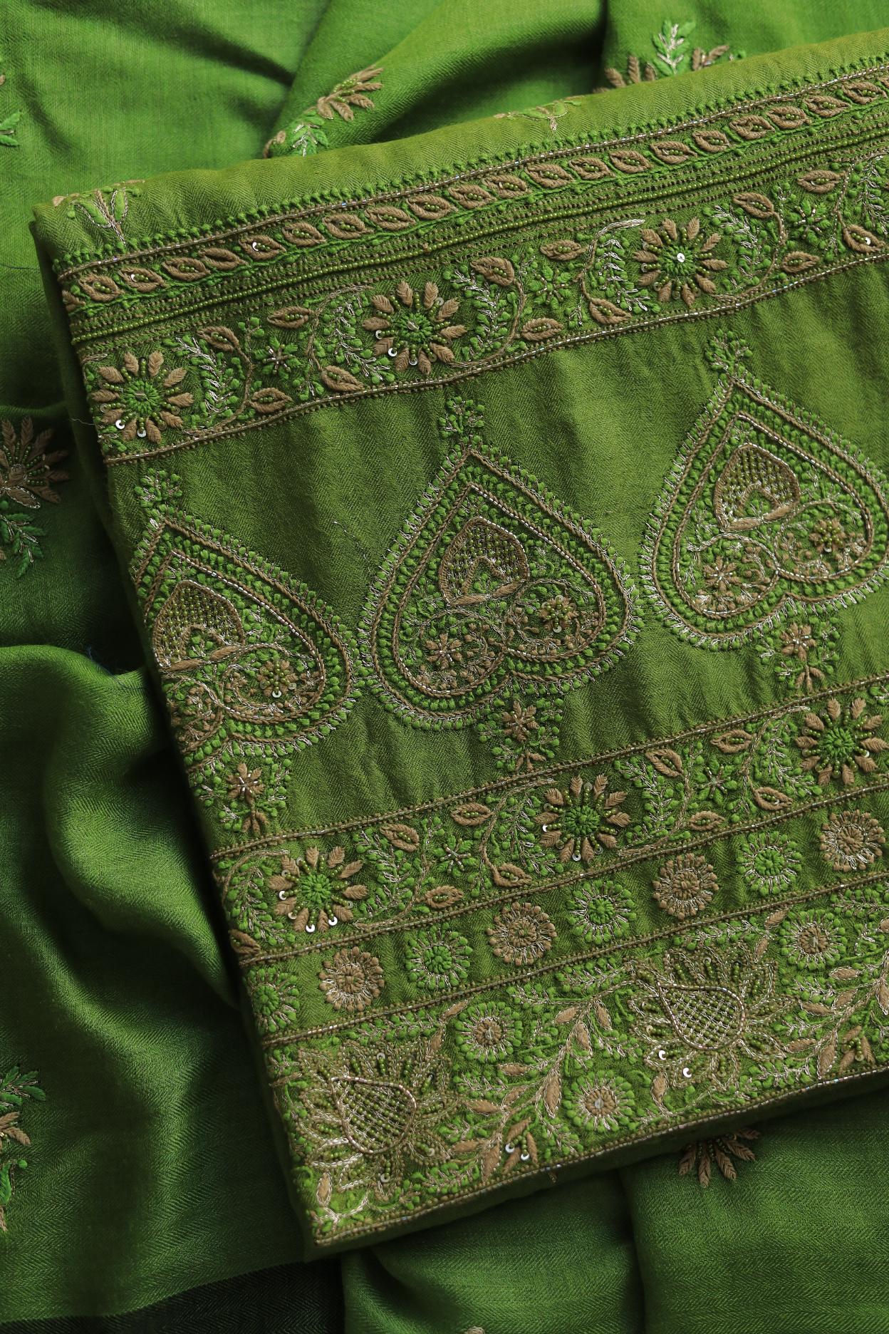 Green Pashmina x Chikankari Fabrics