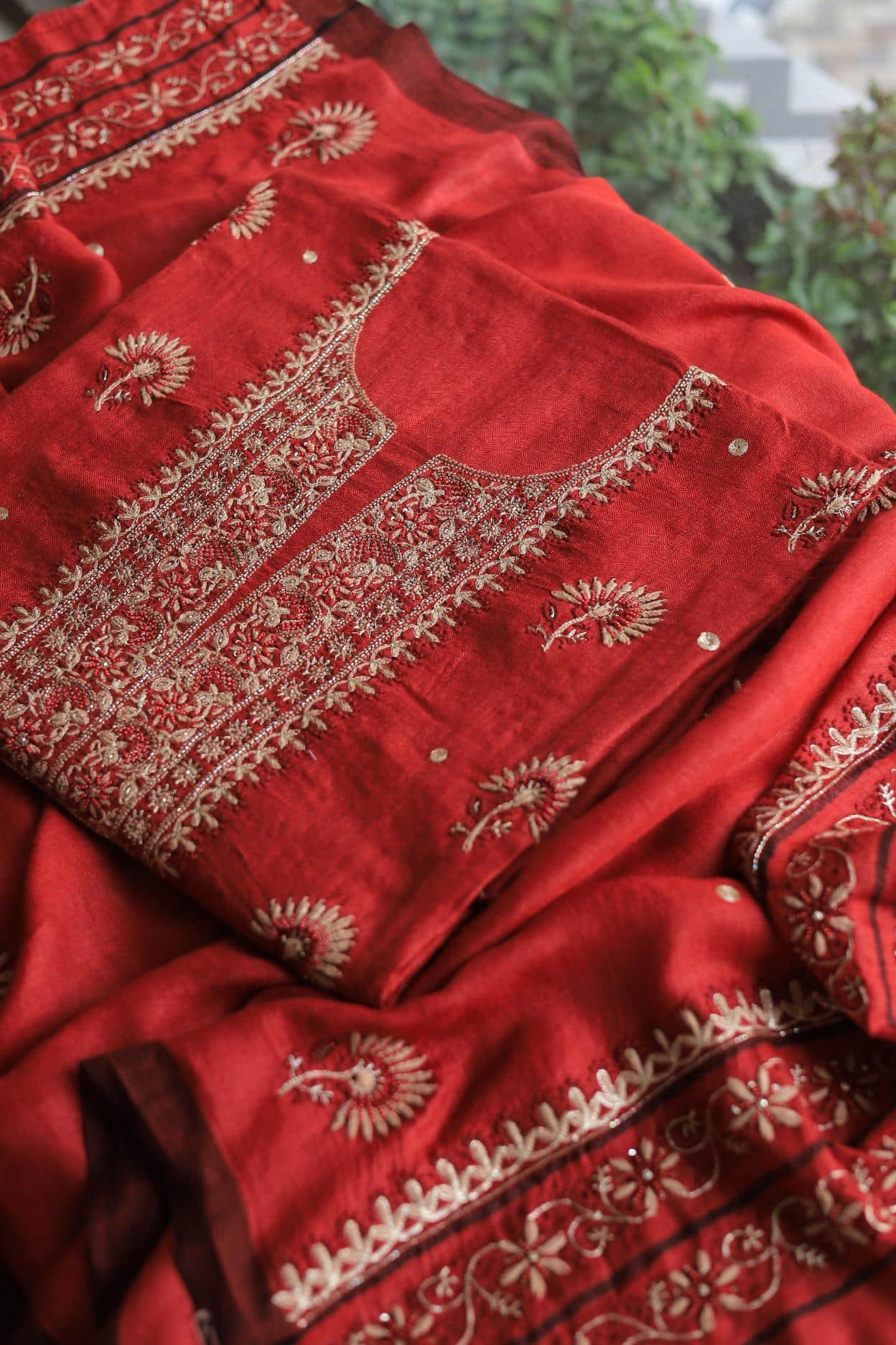 Red Pashmina x Chikankari Fabrics