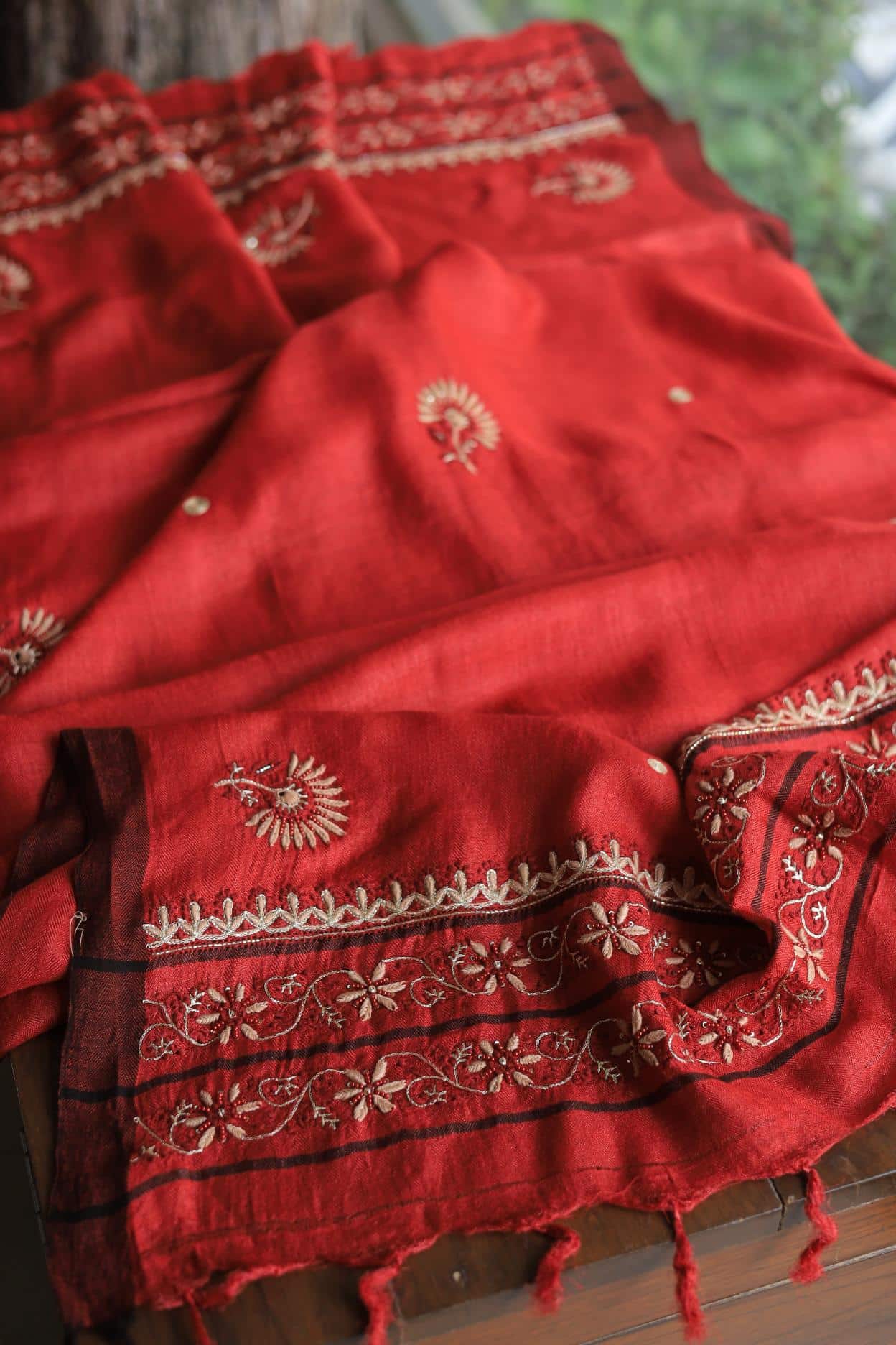 Red Pashmina x Chikankari Fabrics