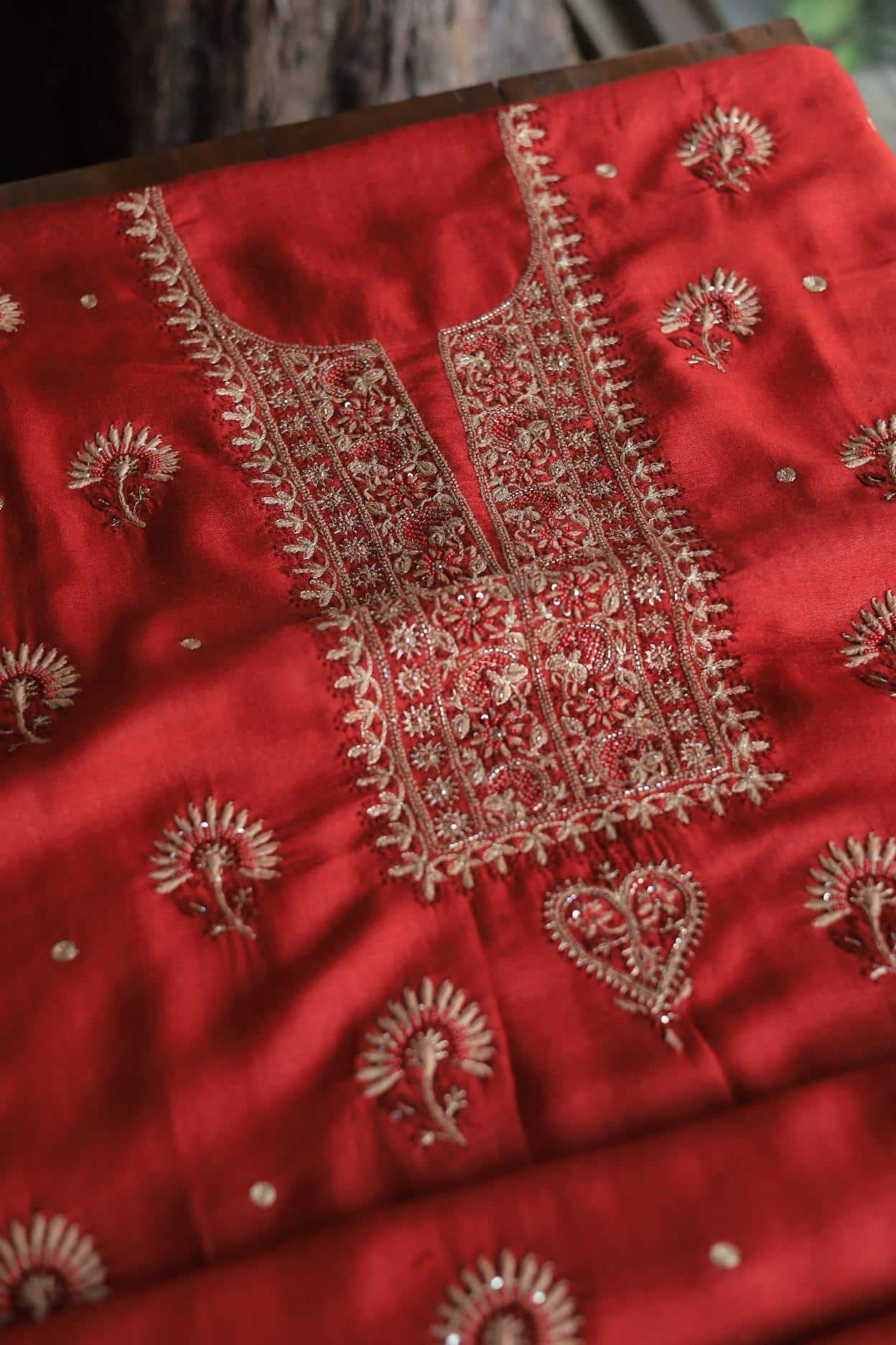 Red Pashmina x Chikankari Fabrics