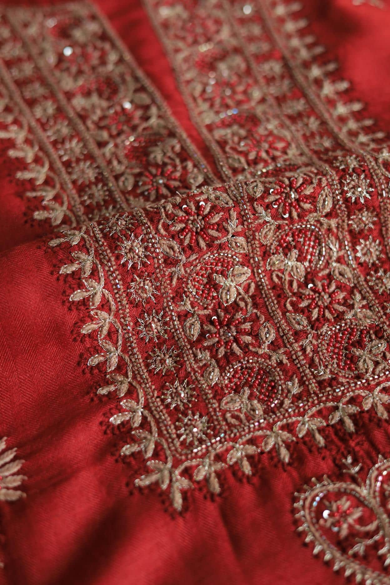 Red Pashmina x Chikankari Fabrics