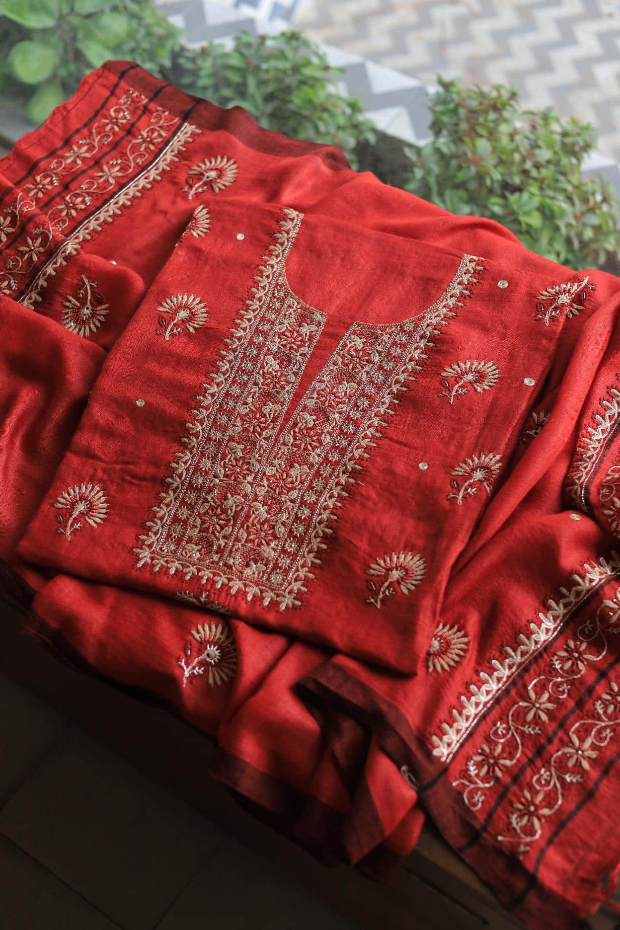 Red Pashmina x Chikankari Fabrics