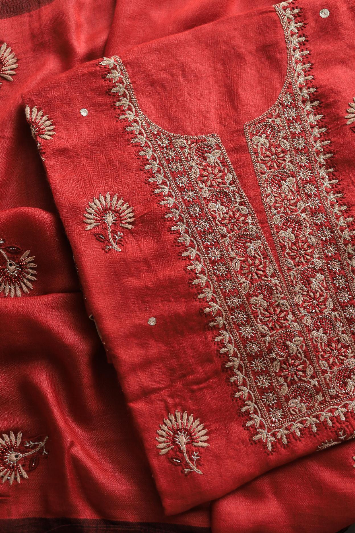 Red Pashmina x Chikankari Fabrics