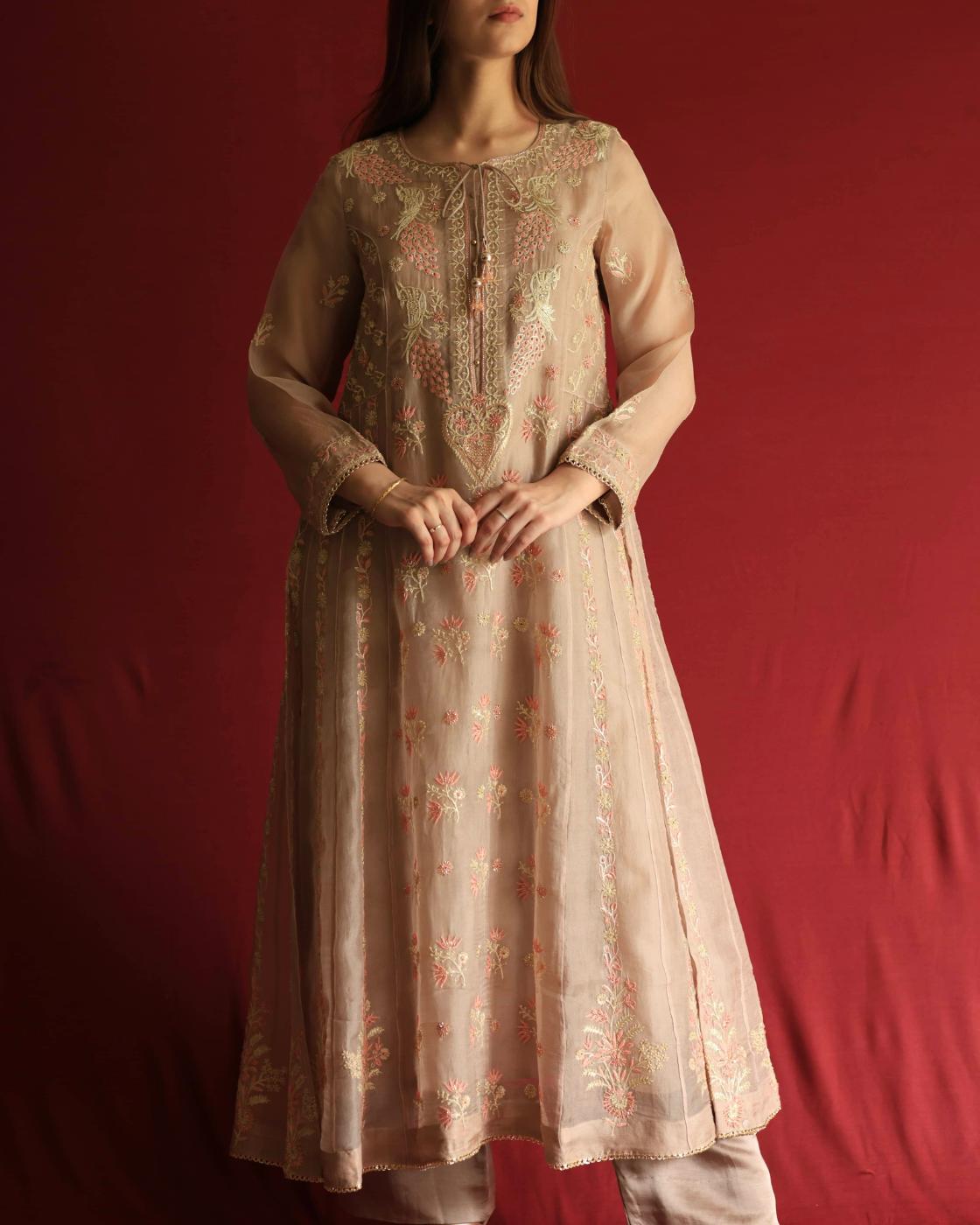 Pastel Beige Noor Organza Chikankari Anarkali With Dupatta