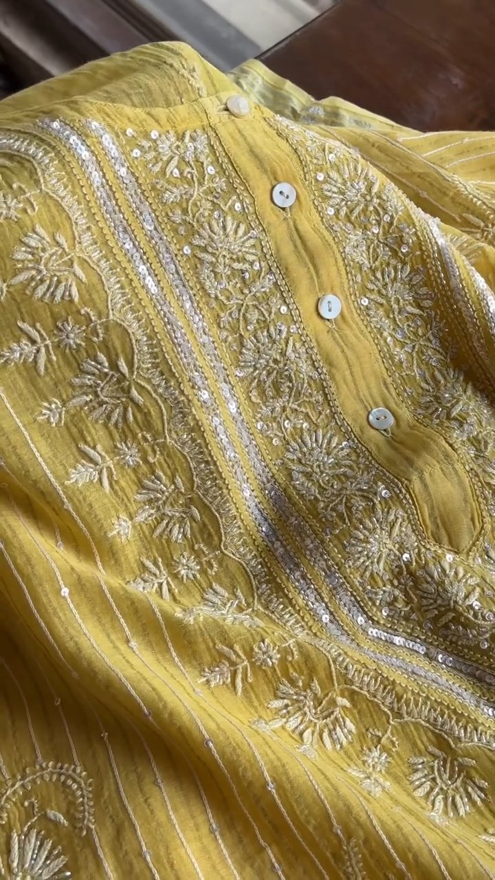Pastel Yellow Soft Malmal Stripe Pattern Pearl Work Chikankari Kurta Set