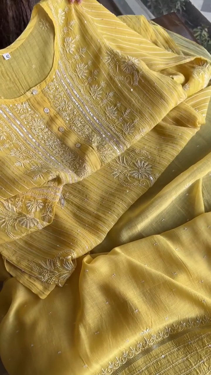 Pastel Yellow Soft Malmal Stripe Pattern Pearl Work Chikankari Kurta Set