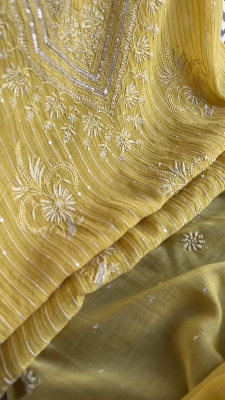 Pastel Yellow Soft Malmal Stripe Pattern Pearl Work Chikankari Kurta Set