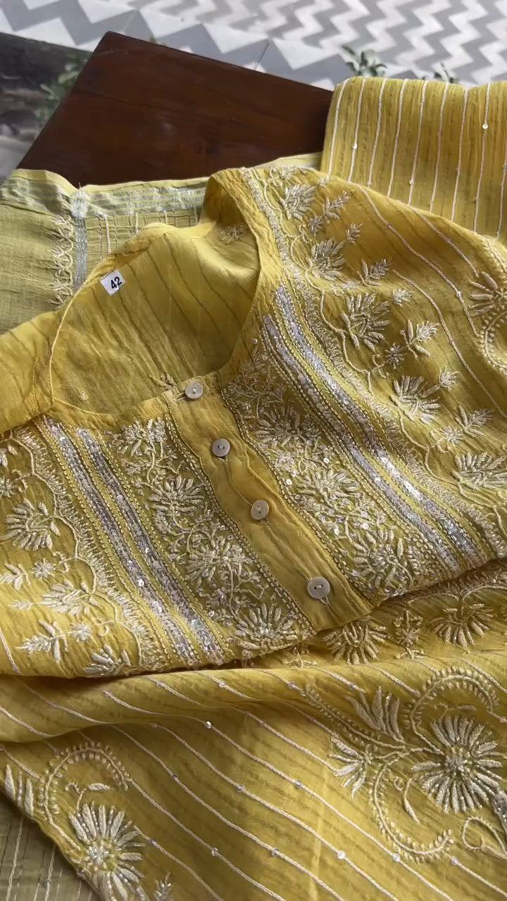 Pastel Yellow Soft Malmal Stripe Pattern Pearl Work Chikankari Kurta Set