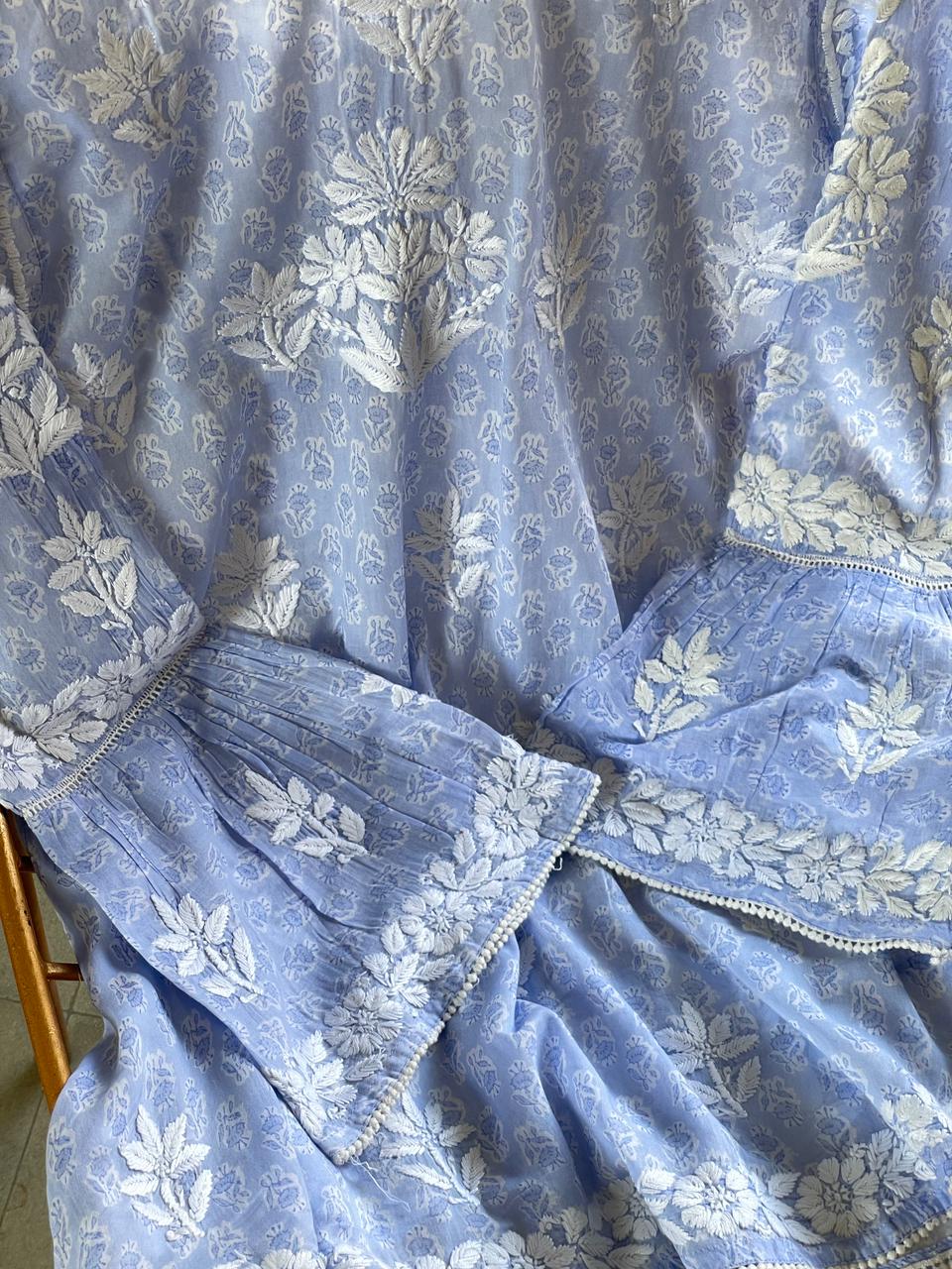 Pastel Blue Floral Handblock Printed Cotton Peplum Top
