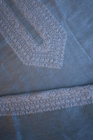 Pastel Blue Linen Chikankari Unstitched Men's Kurta Fabric