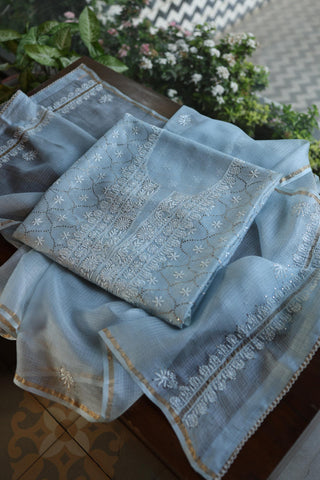 Pastel Blue Rasm Kota Tussar Chikankari Unstitched Chikankari Fabric