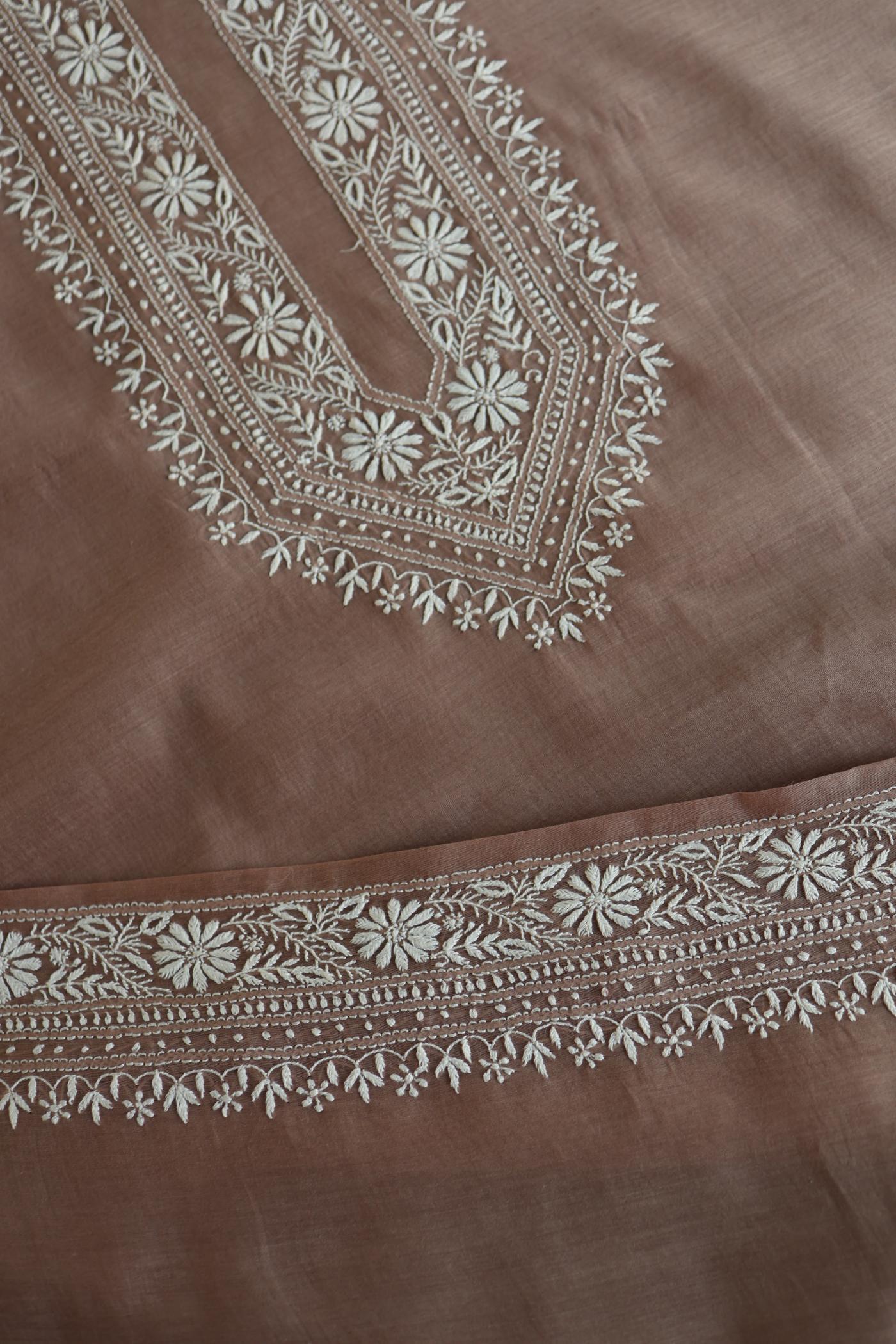 Pastel Brown Mulmul Chikankari Unstitched Men's Kurtas Fabric