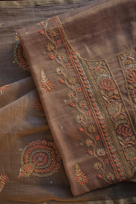 Pastel Brown Tissue Silk Chikankari Unstitched Fabric