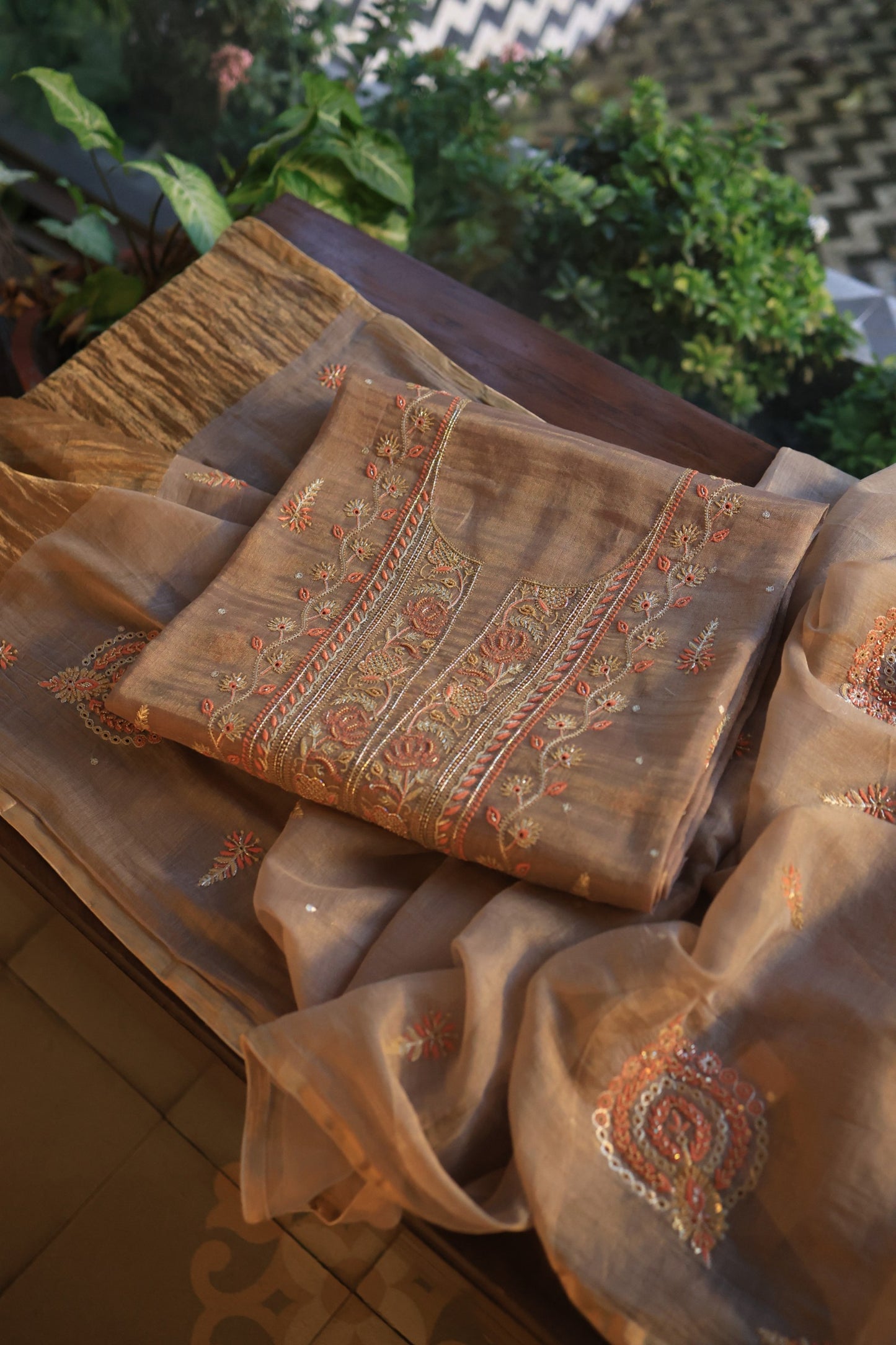 Pastel Brown Tissue Silk Chikankari Unstitched Fabric