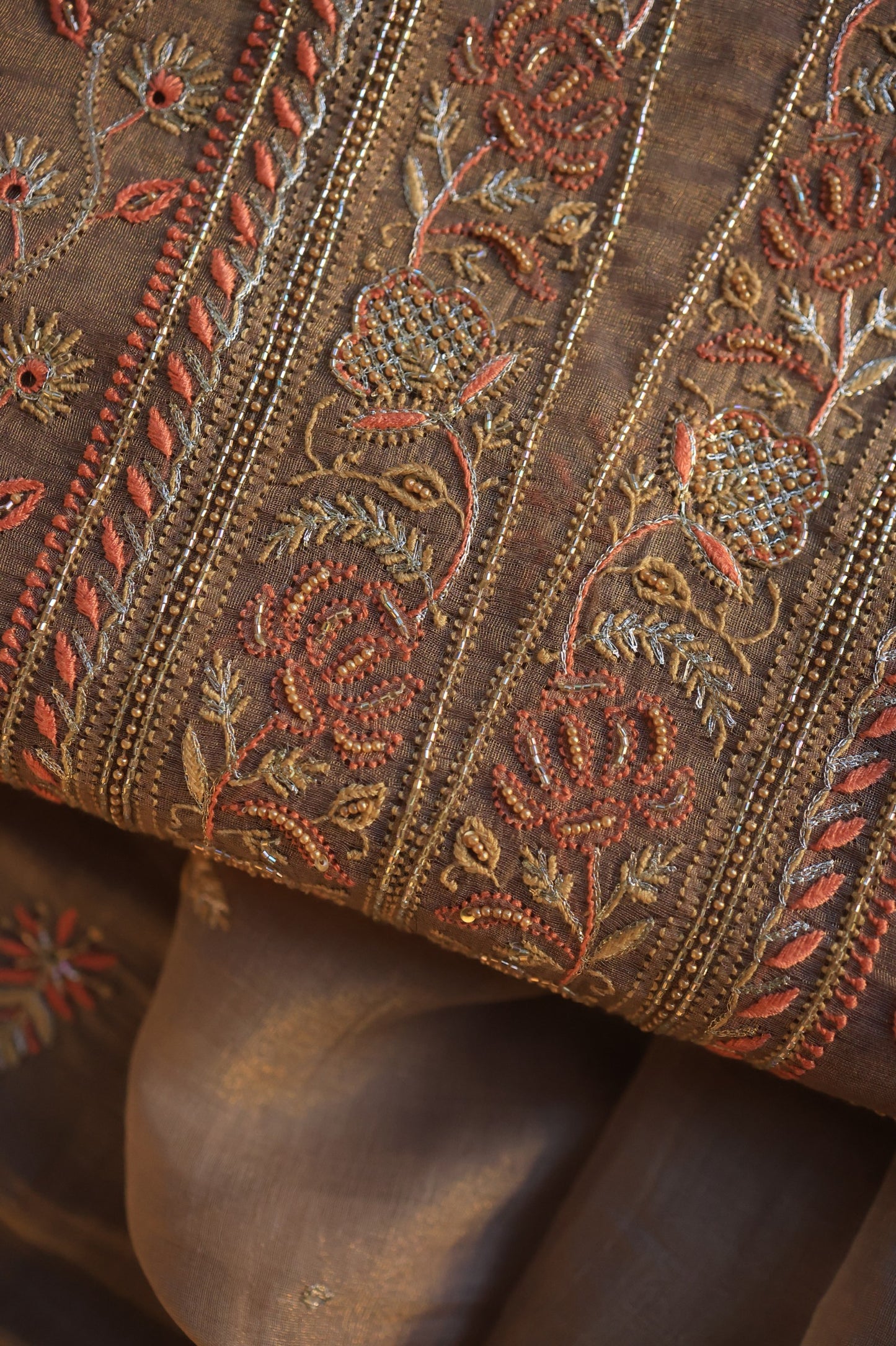 Pastel Brown Tissue Silk Chikankari Unstitched Fabric