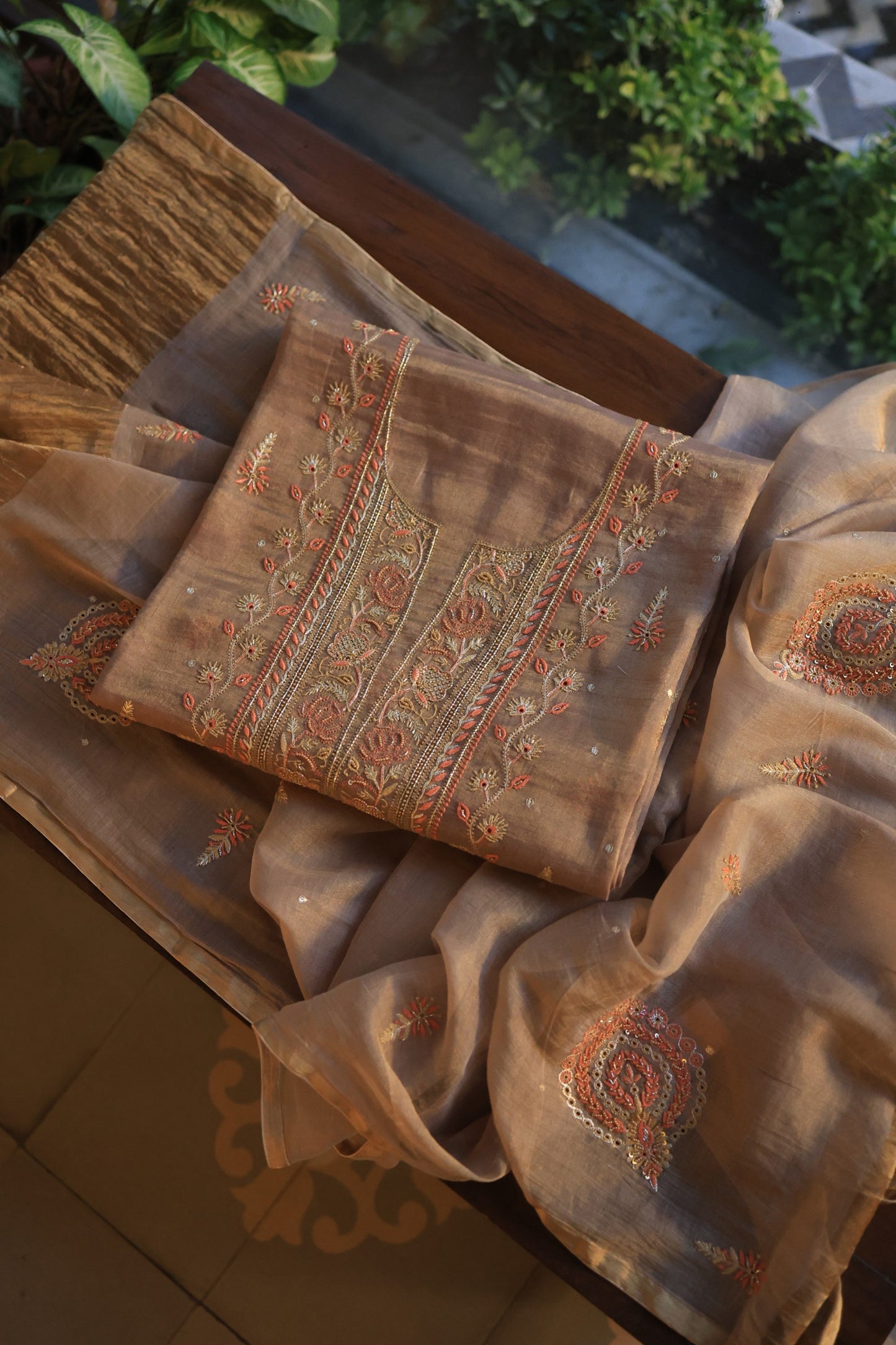 Pastel Brown Tissue Silk Chikankari Unstitched Fabric