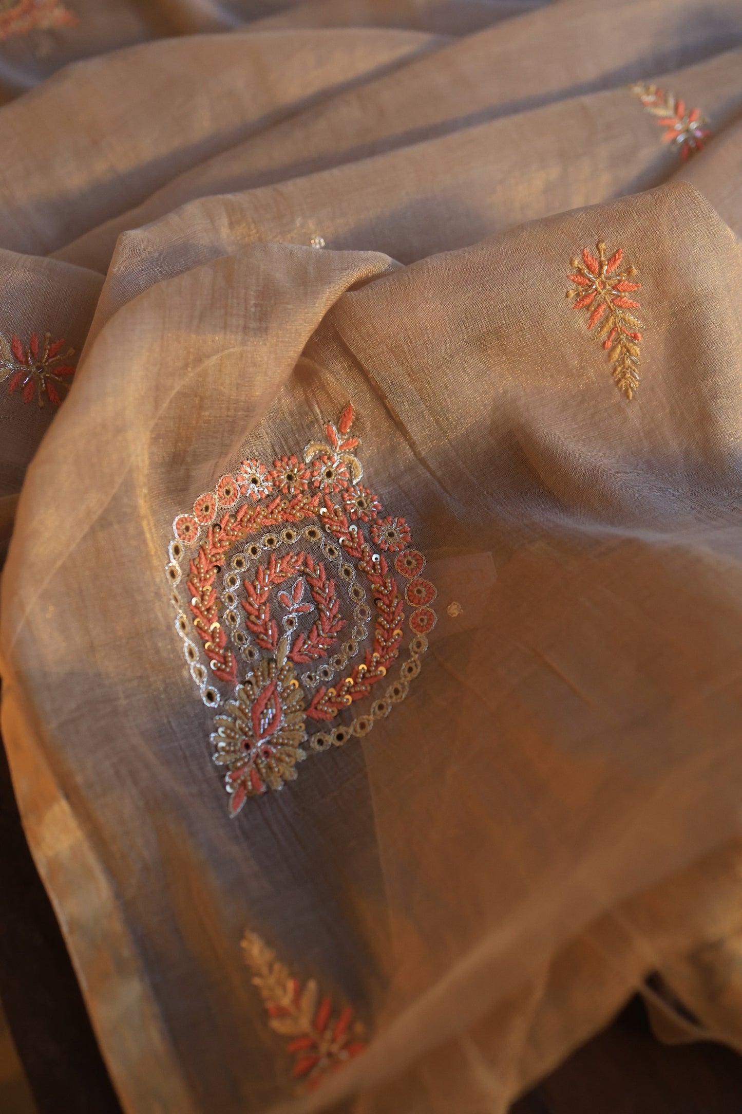 Pastel Brown Tissue Silk Chikankari Unstitched Fabric