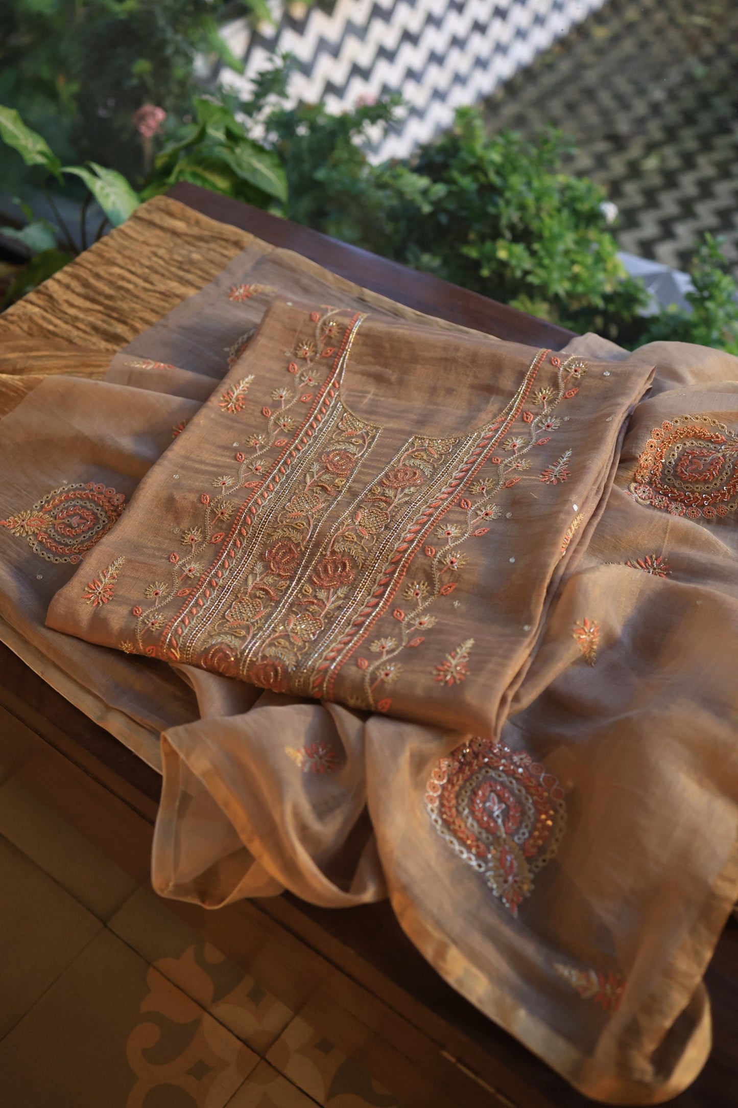 Pastel Brown Tissue Silk Chikankari Unstitched Fabric