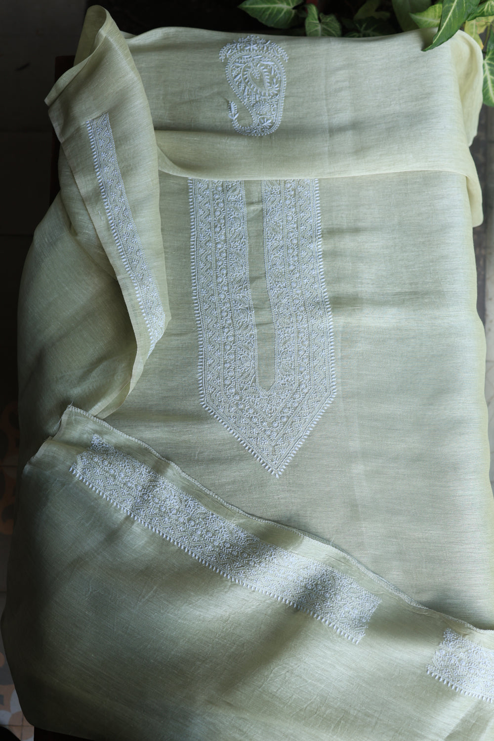Pastel Green Linen Chikankari Unstitched Men's Kurtas Fabric