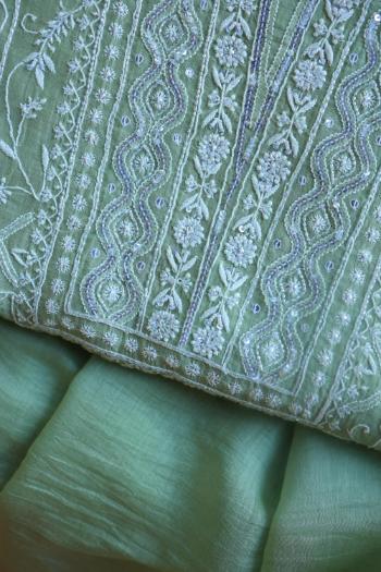 Pastel Green Mal Chanderi Silk Chikankari With Sequins Unstitched Kurta Dupatta Set