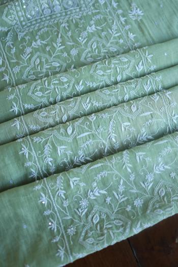 Pastel Green Mal Chanderi Silk Chikankari With Sequins Unstitched Kurta Dupatta Set