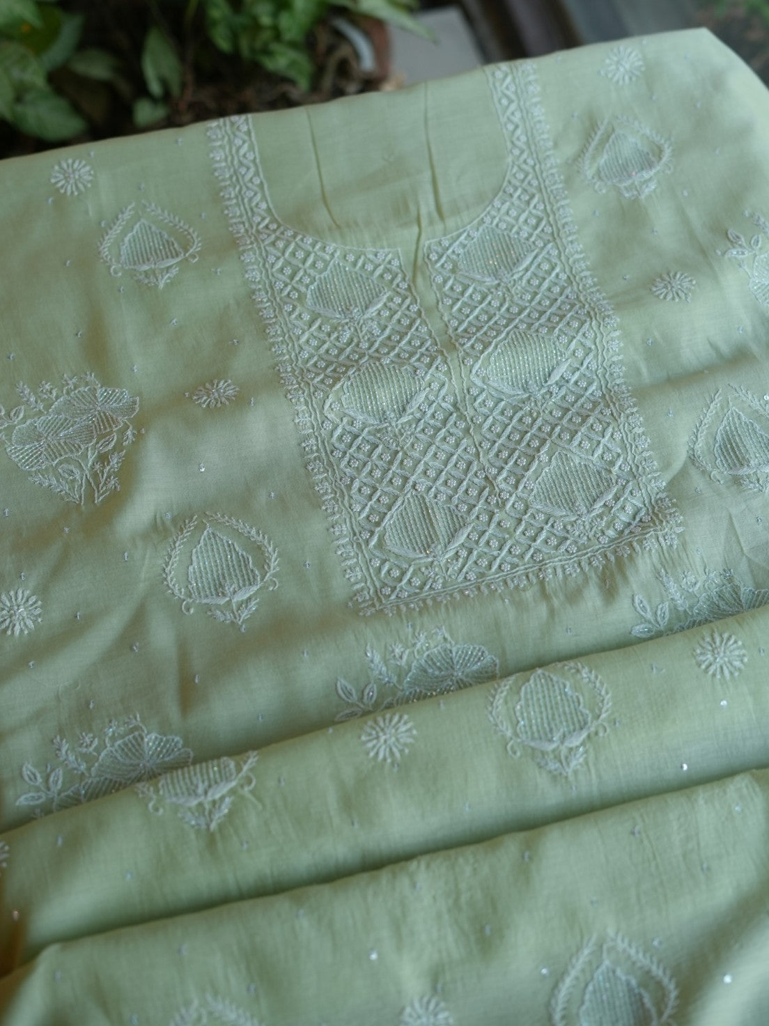 Pastel Green Shade Malmal Pearl Work Chikankari Fabrics