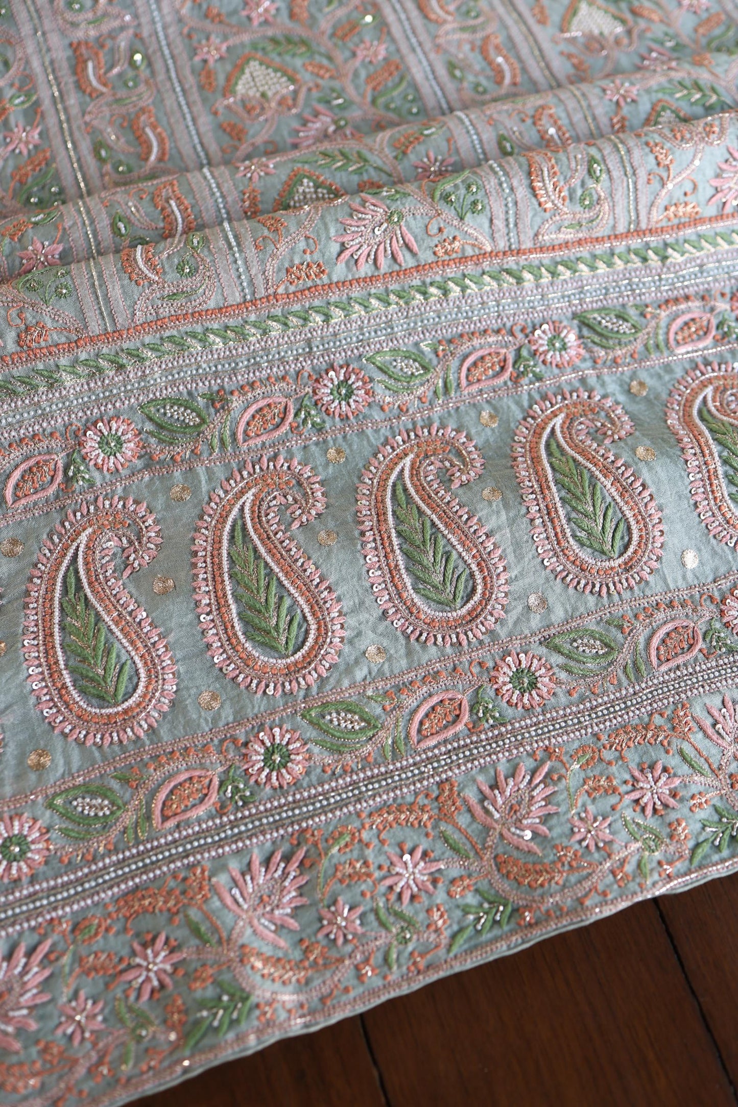 Pastel Green Shade Noor Banarasi Organza Chikankari Unstitched Fabric