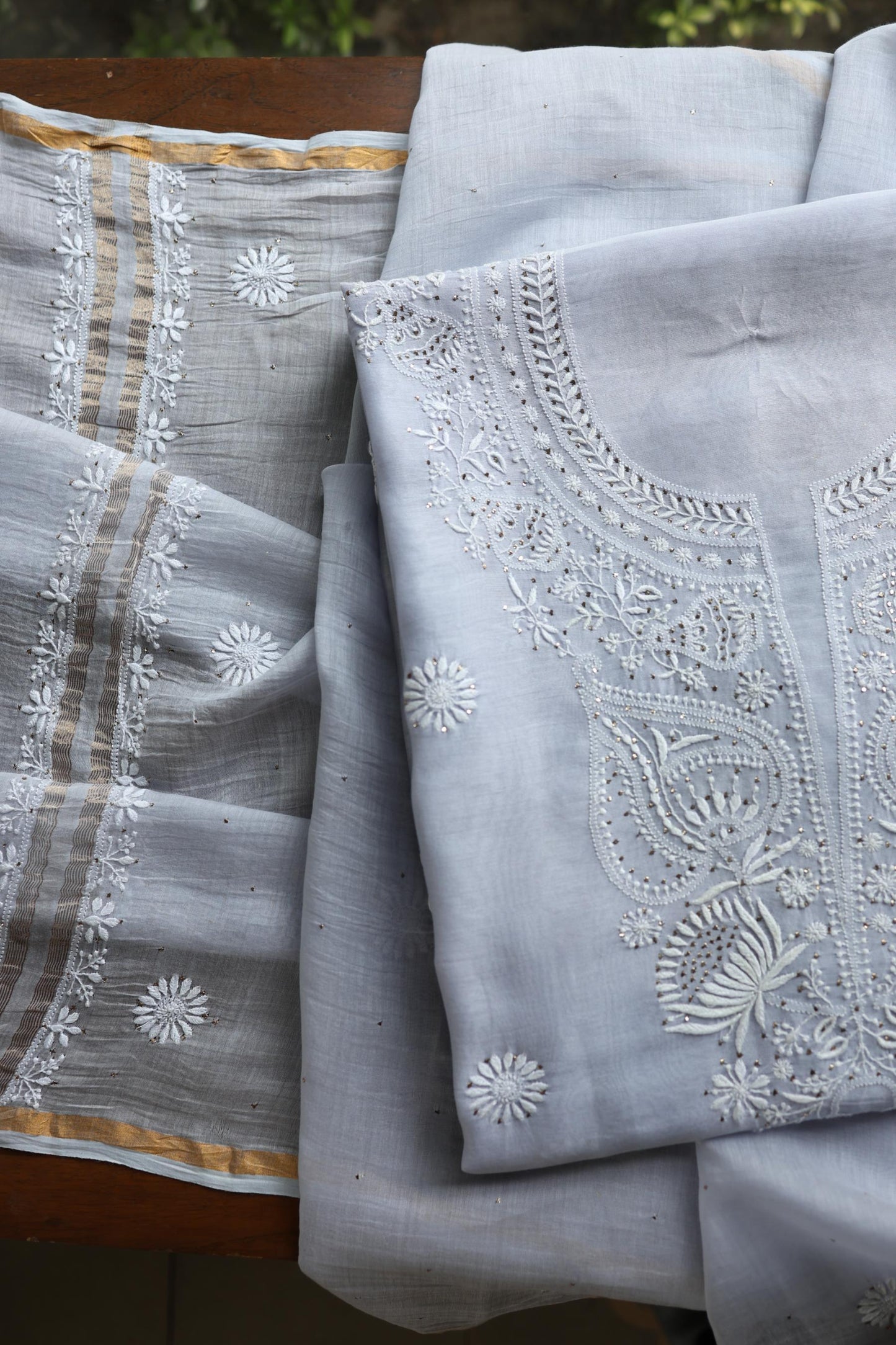 Pastel Grey Shade Mal Cotton Fine Chikankari Unstitched Fabric