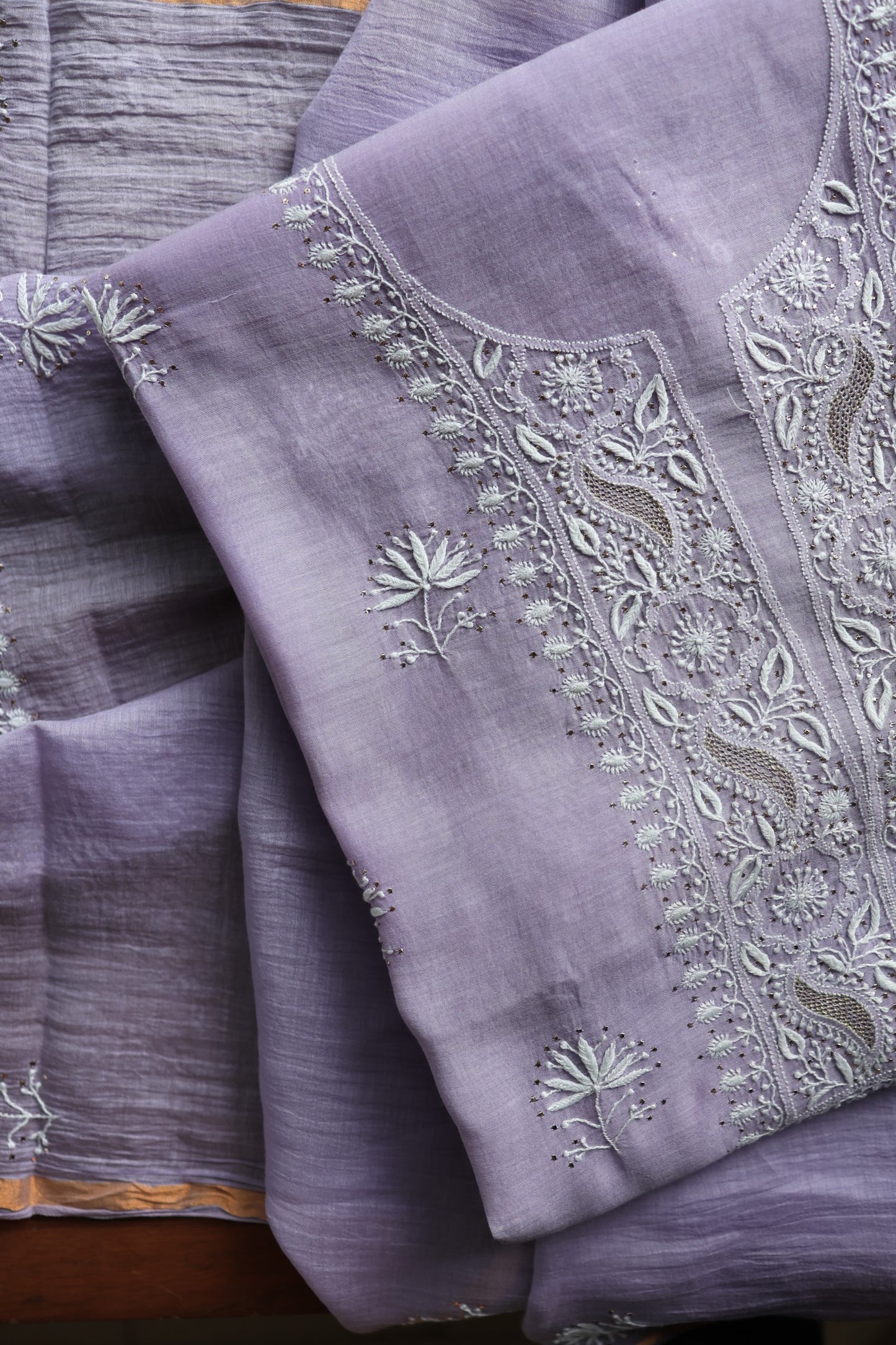 Pastel Lavender Mal Cotton Chikankari Unstitched Fabrics With Kamdani