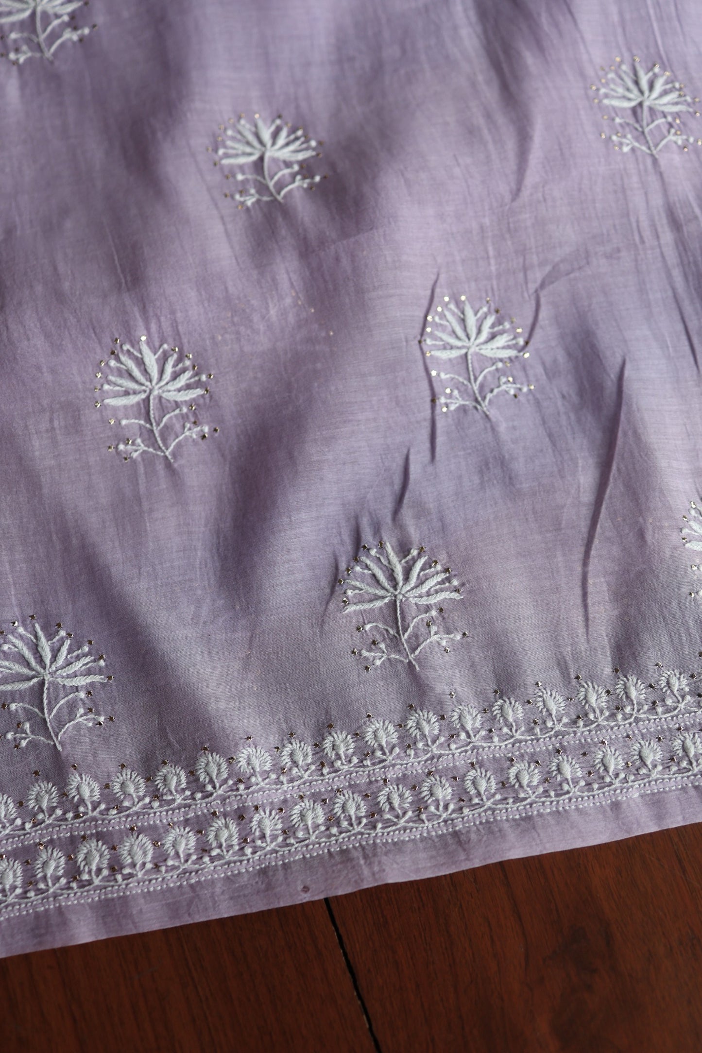 Pastel Lavender Mal Cotton Chikankari Unstitched Fabrics With Kamdani