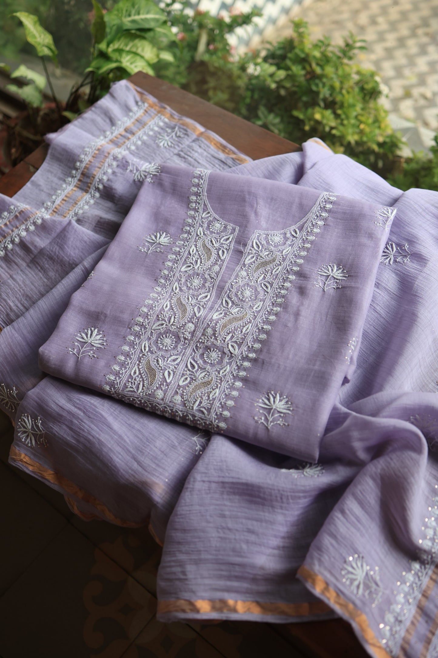 Pastel Lavender Mal Cotton Chikankari Unstitched Fabrics With Kamdani