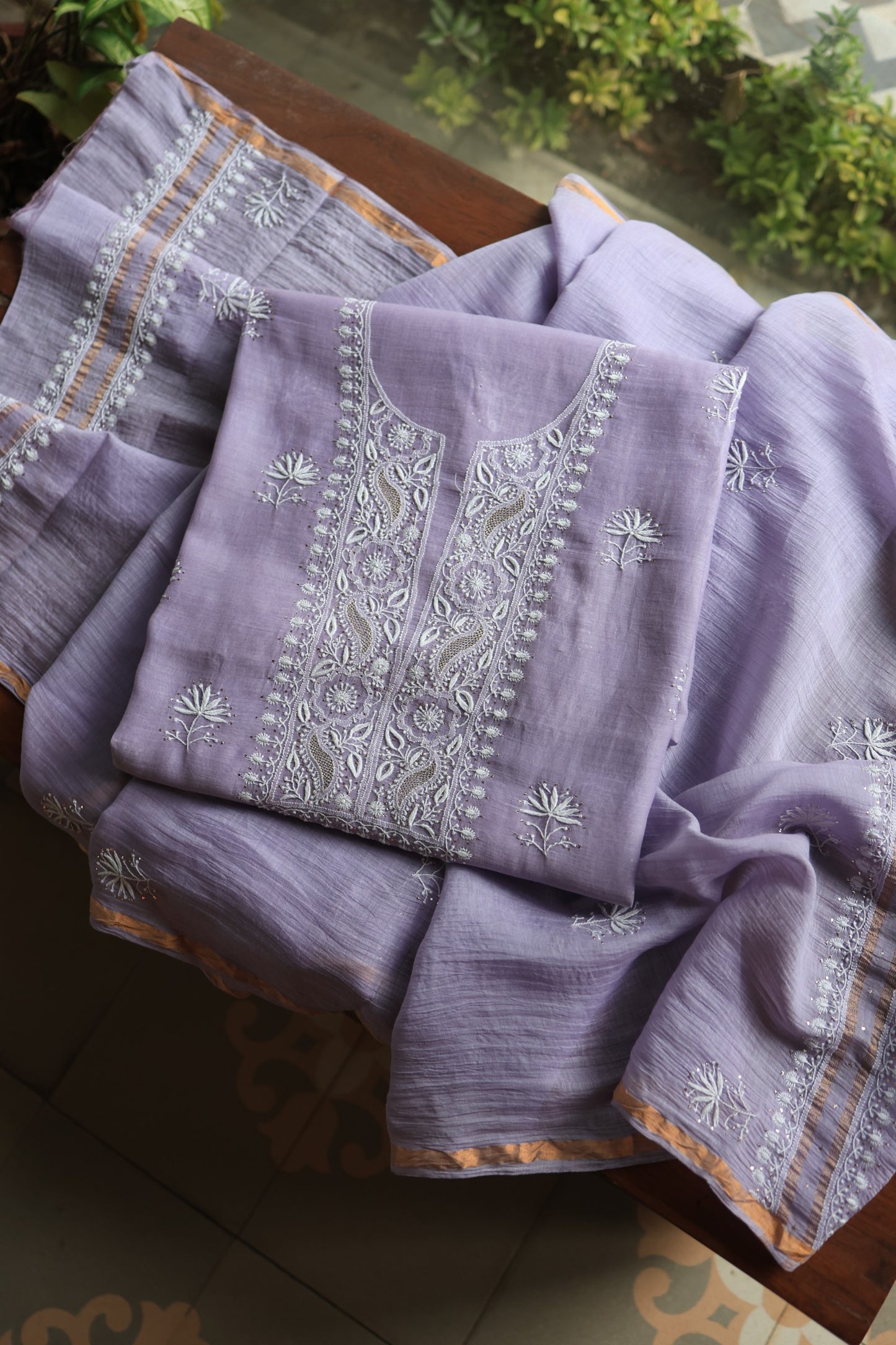 Pastel Lavender Mal Cotton Chikankari Unstitched Fabrics With Kamdani