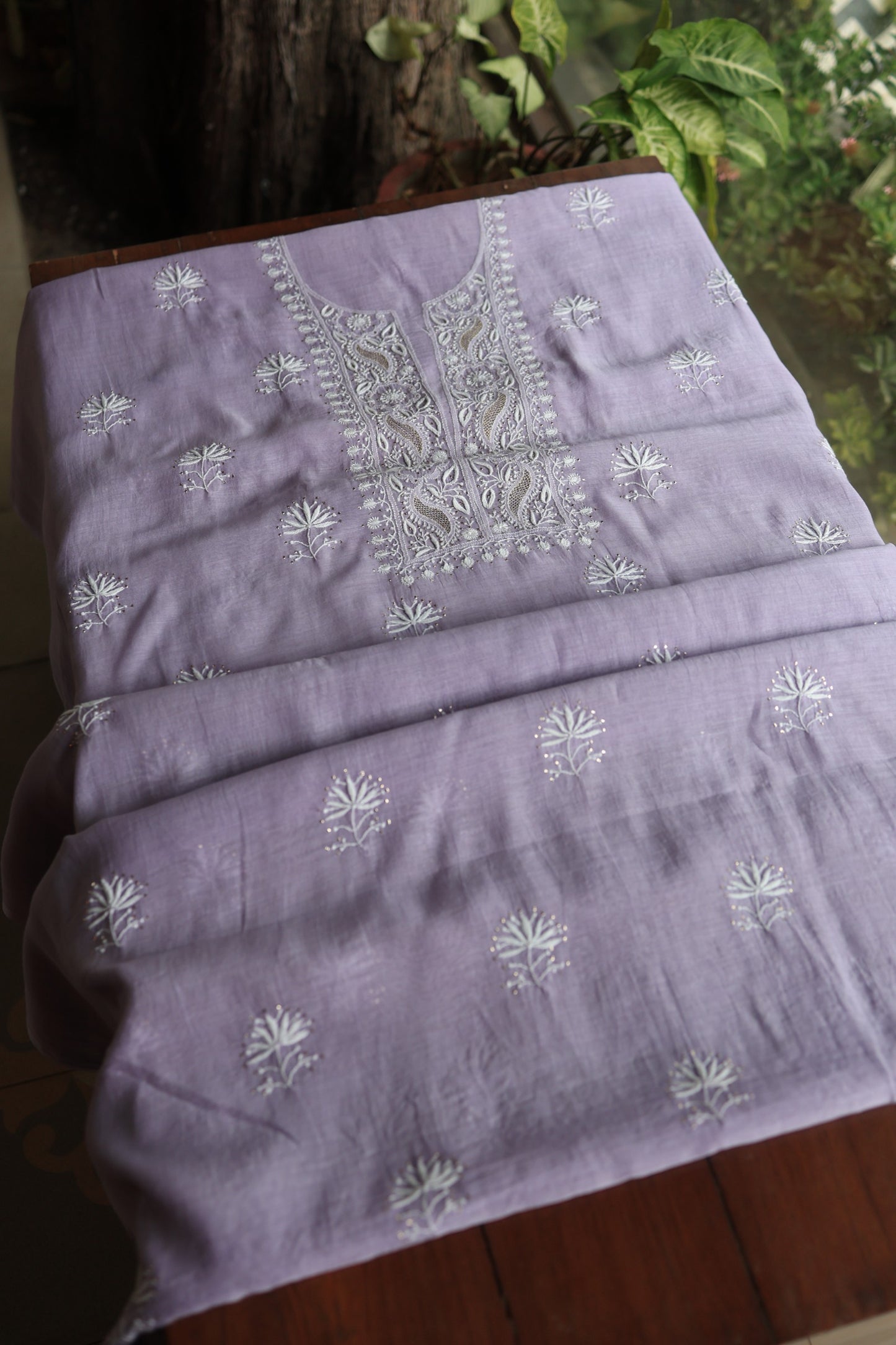 Pastel Lavender Mal Cotton Chikankari Unstitched Fabrics With Kamdani