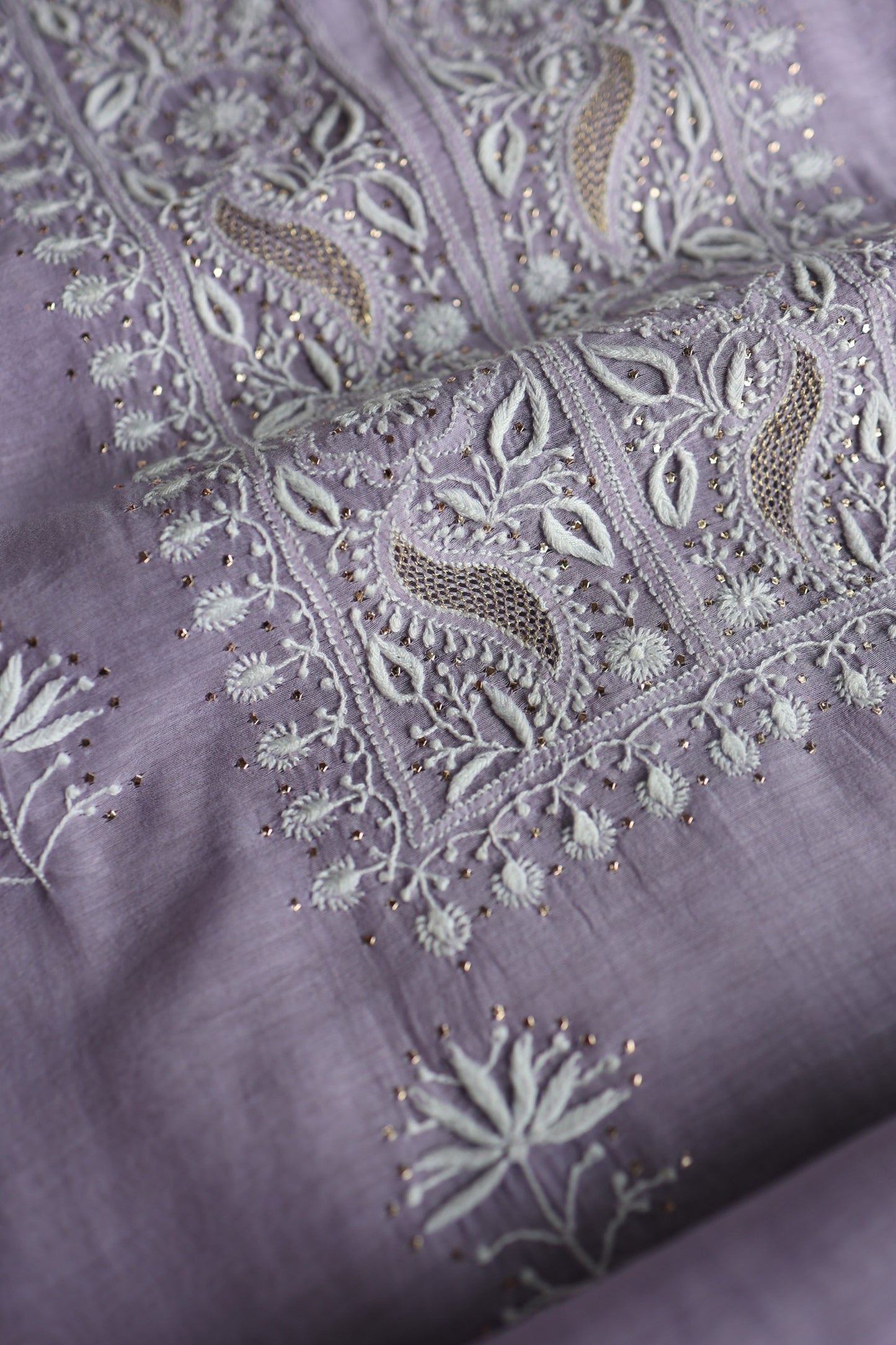 Pastel Lavender Mal Cotton Chikankari Unstitched Fabrics With Kamdani